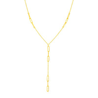 14K Yellow Gold Lariat Necklace with Paperclip Chain Stations