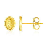 14k Yellow Gold Oval Religious Medallion Post Earrings