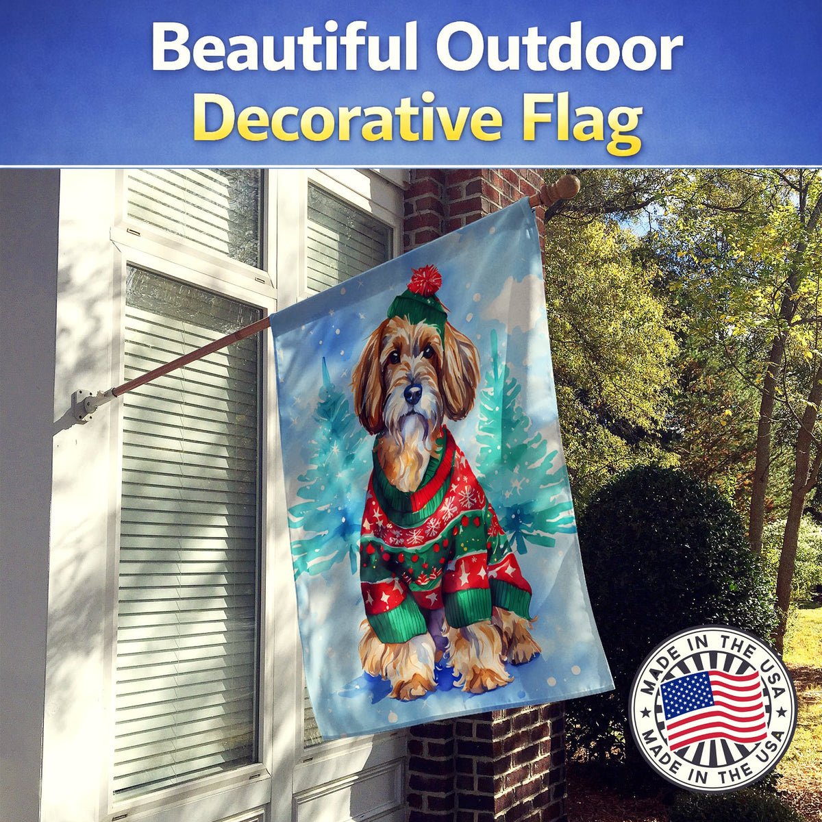 Petit Basset Griffon Vendeen Christmas House Flag 28x40 Porch Sleeve Pole Decorative Outside Yard Banner Artwork Wall Hanging, Polyester