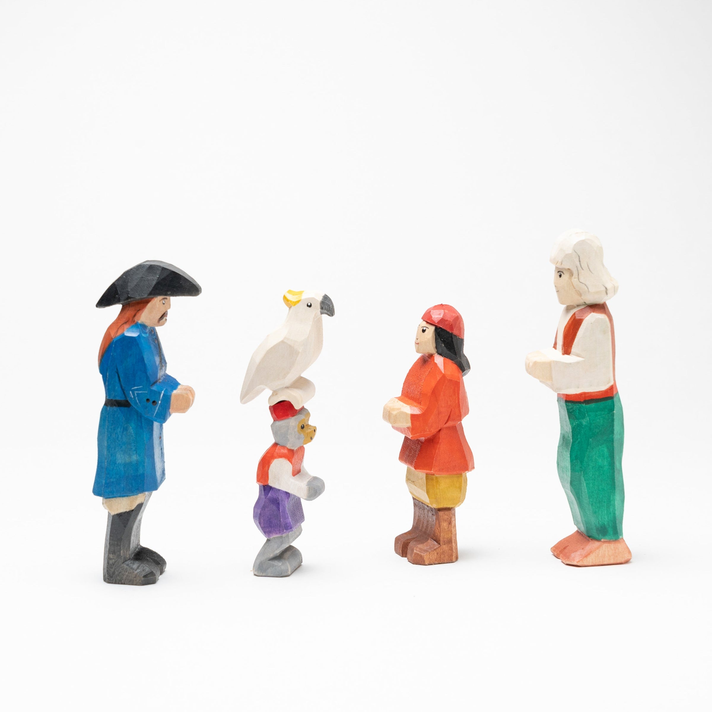 Wooden Pirate Figurines with Parrot and Monkey: Set Sail for Adventure