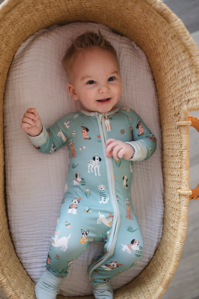 Puppy Egg Hunt (Convertible Zip Footies) - Aquamarine - BIG FRENCHIES