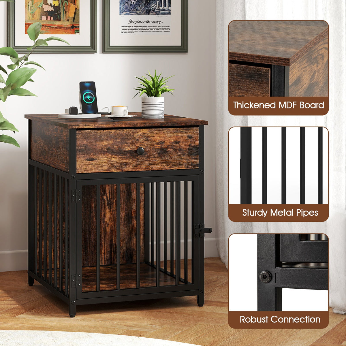 Dog Crate Furniture for Small Dogs Wooden Puppy Kennel with Charging Station-Rustic Brown