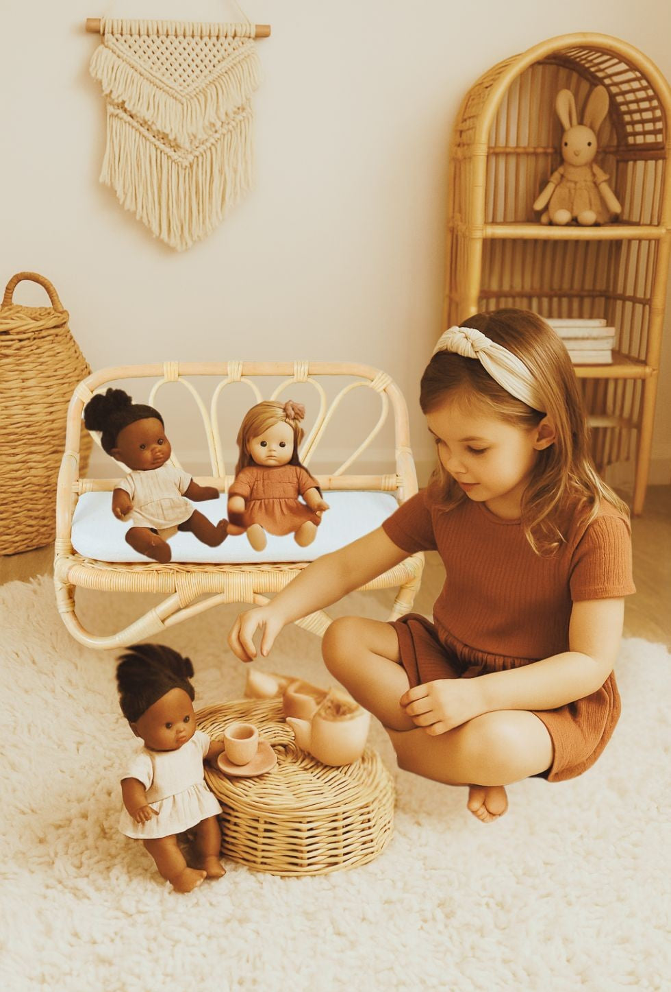 Handmade Rattan Doll Sofa | Boho Montessori Doll Furniture | Eco-Friendly Pretend Play Couch for Girls Dolls