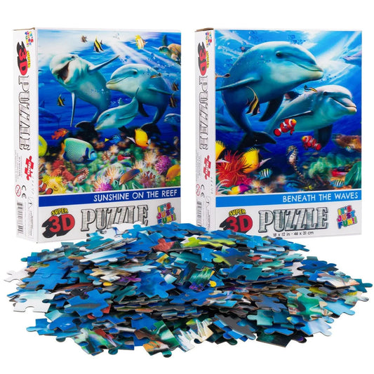 Dolphin Family & Couple Set of 2 300 Piece Lenticular Jigsaw Puzzles Prime 3D - BIG FRENCHIES