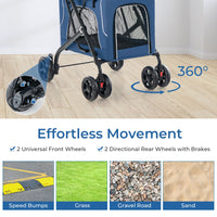Double Pet Stroller Foldable 3-in-1 Dog Stroller with 2 Detachable Carriers-Blue