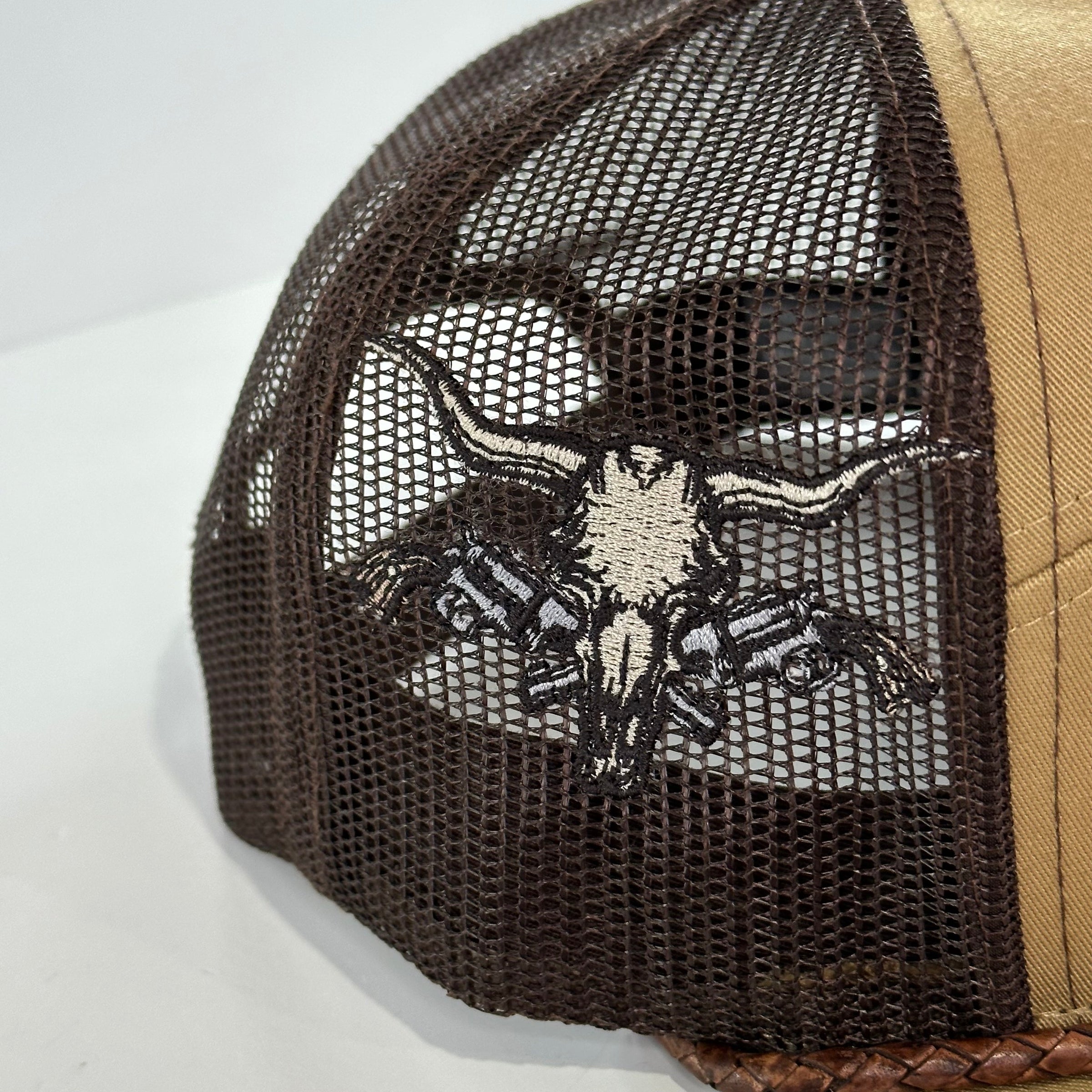 Buffalo & Cow Skull 7 Panel Leather Rope SNAPBACK Mesh Trucker Cap HAT Custom Embroidered