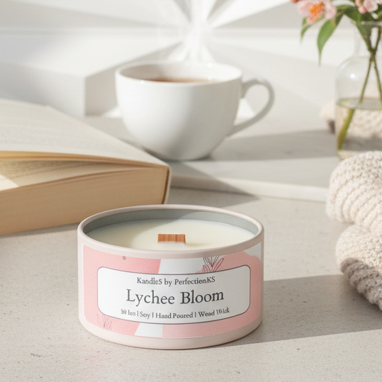 Lychee Bloom Luxury Candle | 8oz Non-Toxic Soy Candle with Wooden Wick | Clean Burn