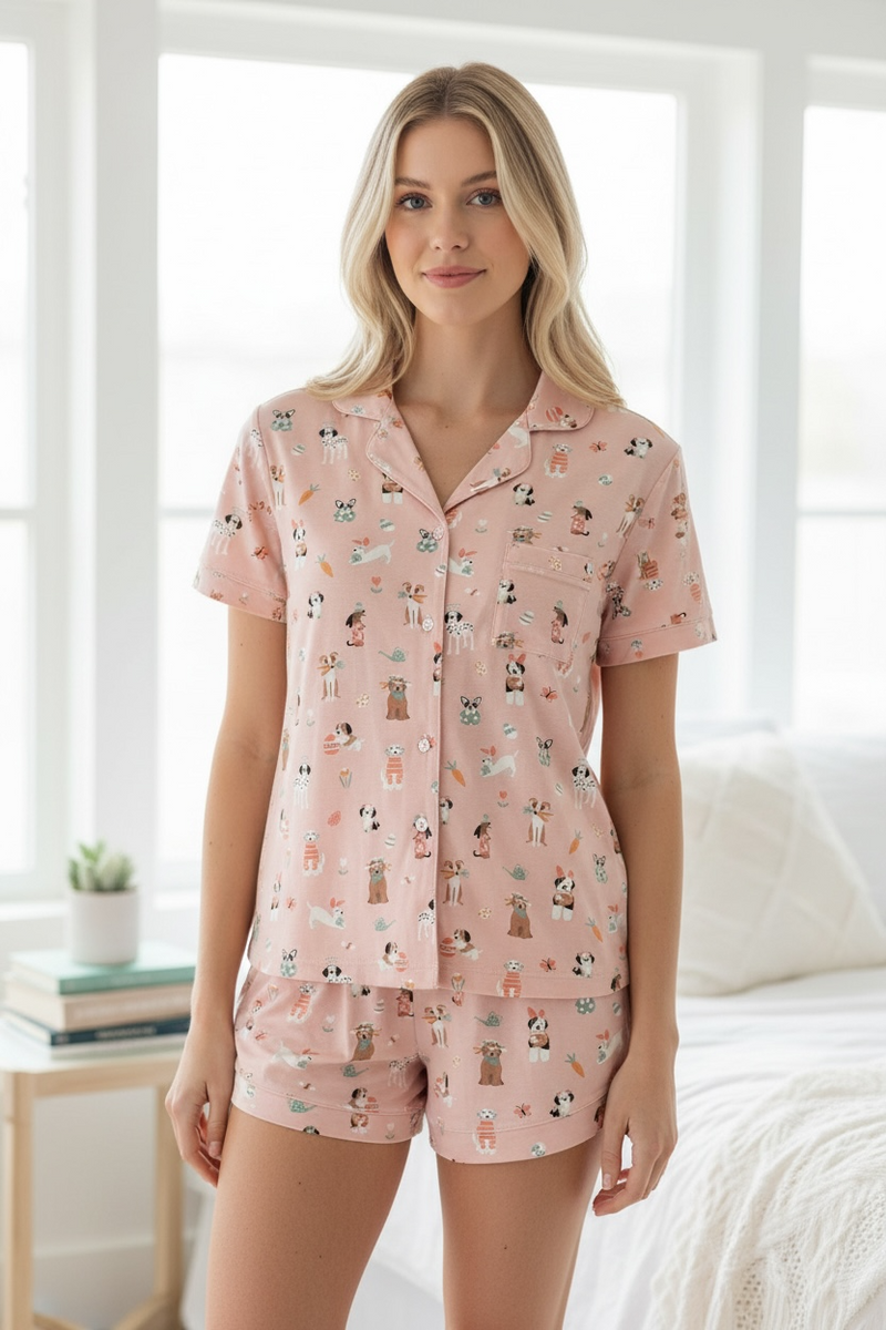 Puppy Egg Hunt (Women's Short Sleeve PJ) - Pink - BIG FRENCHIES