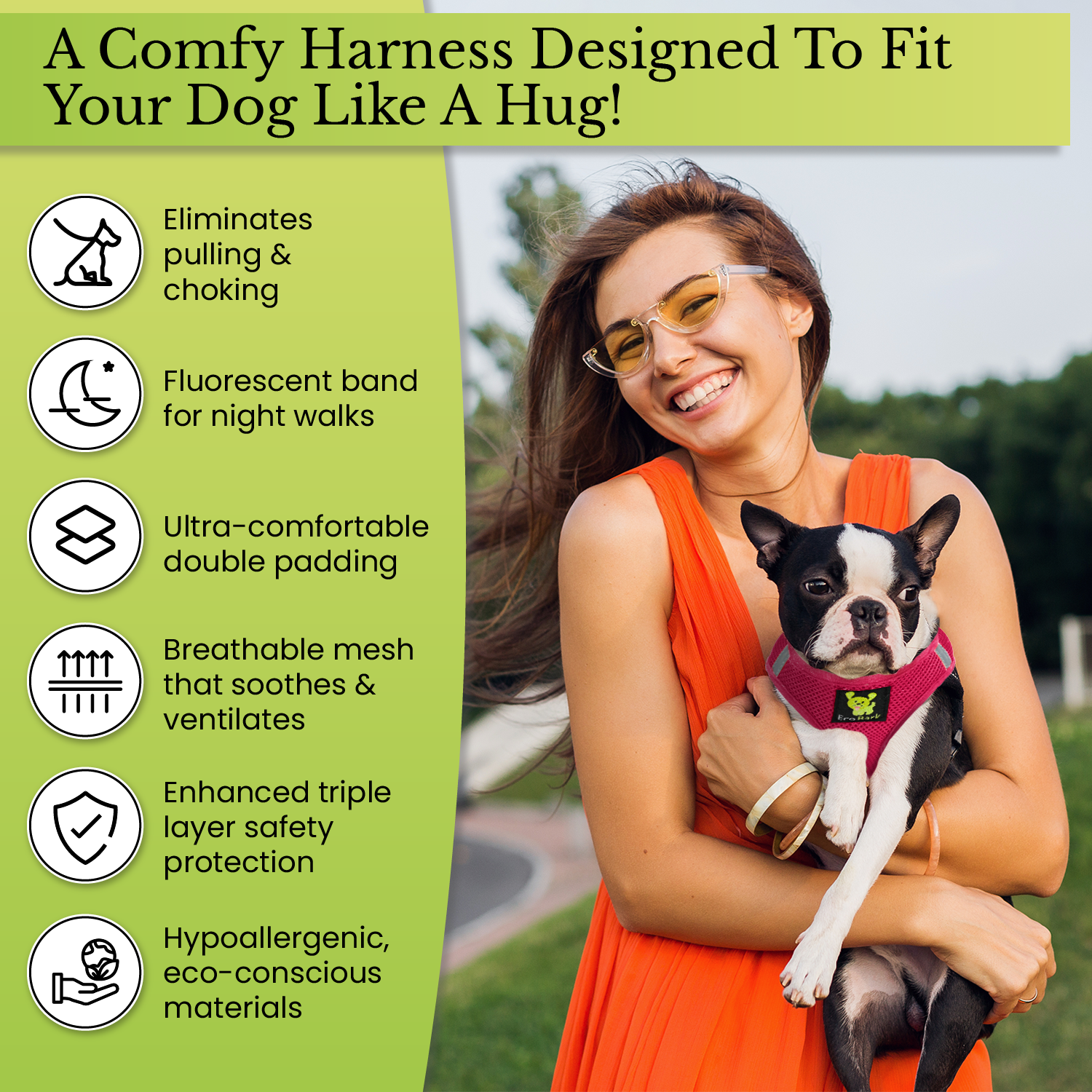 EcoBark Teacup Dog Harness - Step In Soft Mesh Reflective Dog Vest Halter for XXXS to Small Dogs and Puppies - BIG FRENCHIES