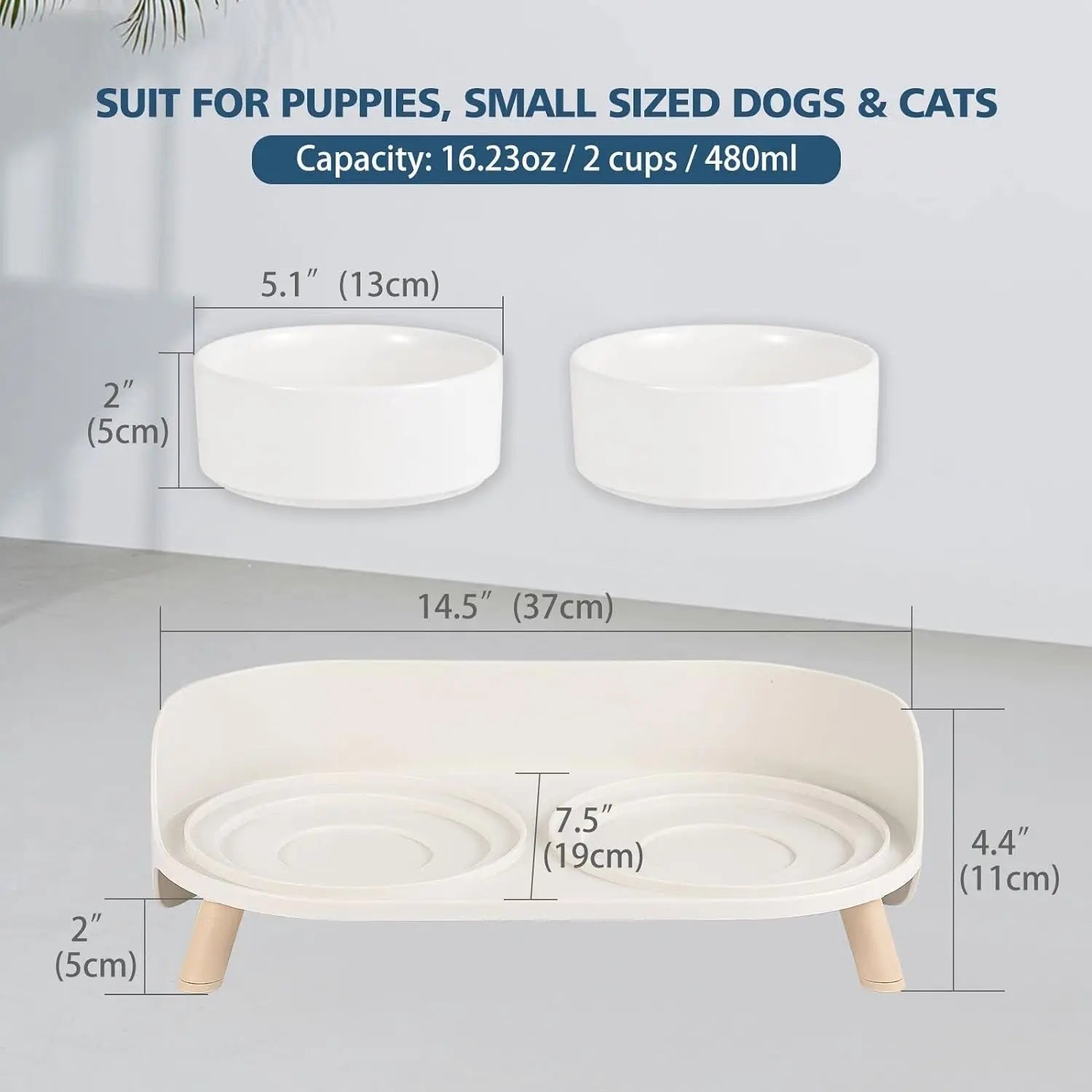 Elevated Ceramic Cat & Dog Bowl Set with Splash Guard, Non-Slip Stand (2x480ml) - BIG FRENCHIES