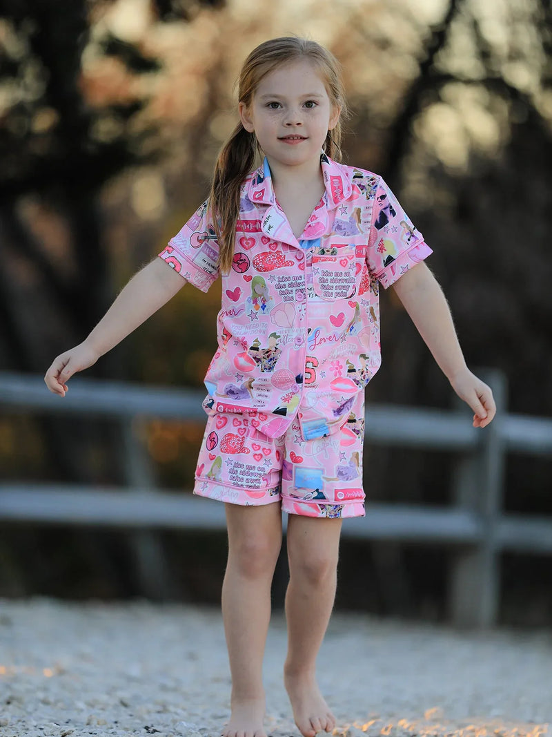 Pink TS Lapel Button Short Sleeve Shorts Pajama Set - BIG FRENCHIES