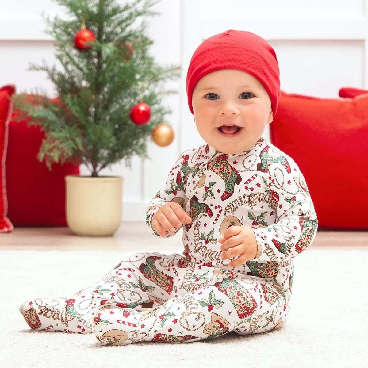 Western Christmas Baby Bamboo Zipper Romper - Cowboy Holiday - BIG FRENCHIES