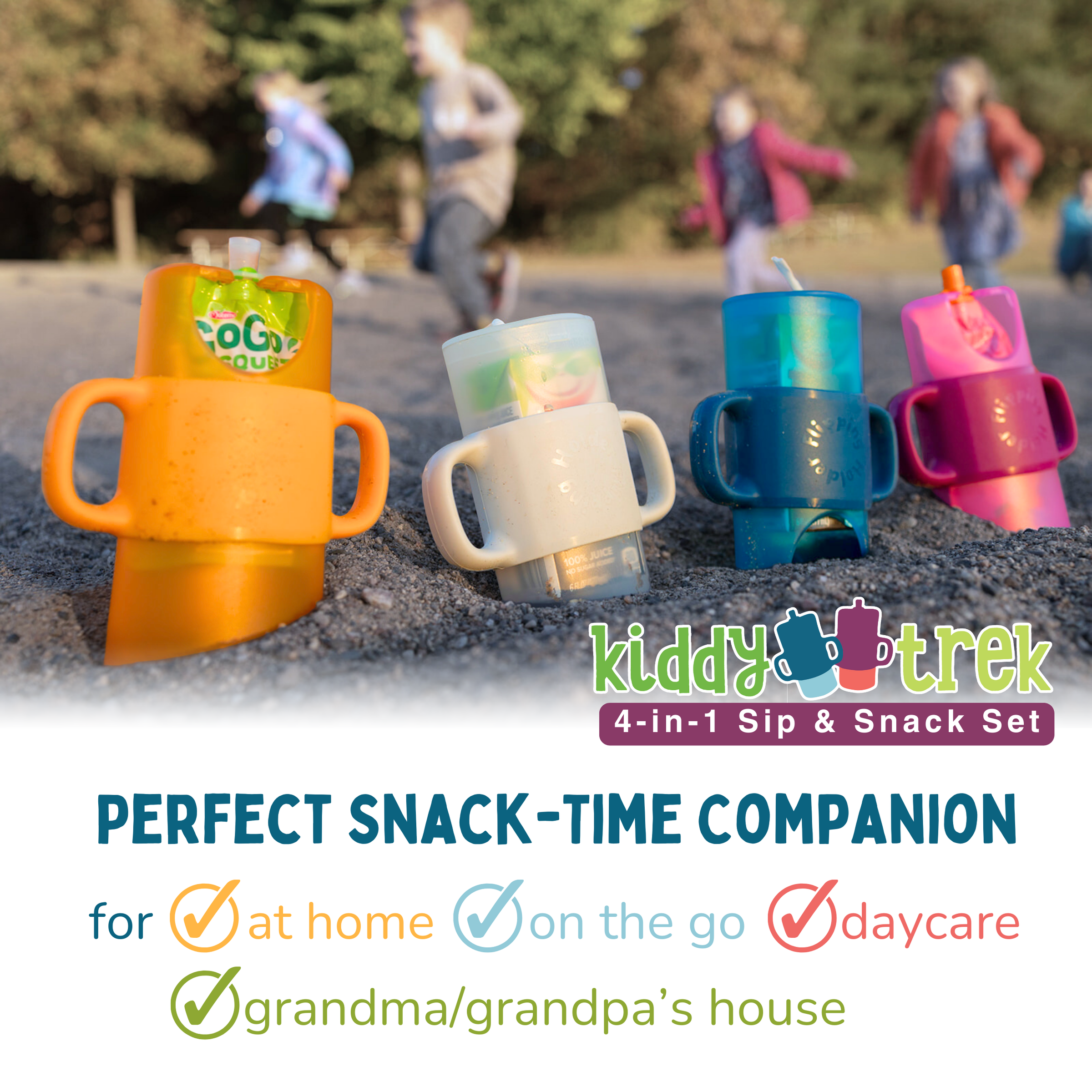 KiddyTrek 4-in-1 Sip & Snack Set - Food Pouch & Juice Box Holder, Snack Cup, Sip Cup ALL IN ONE