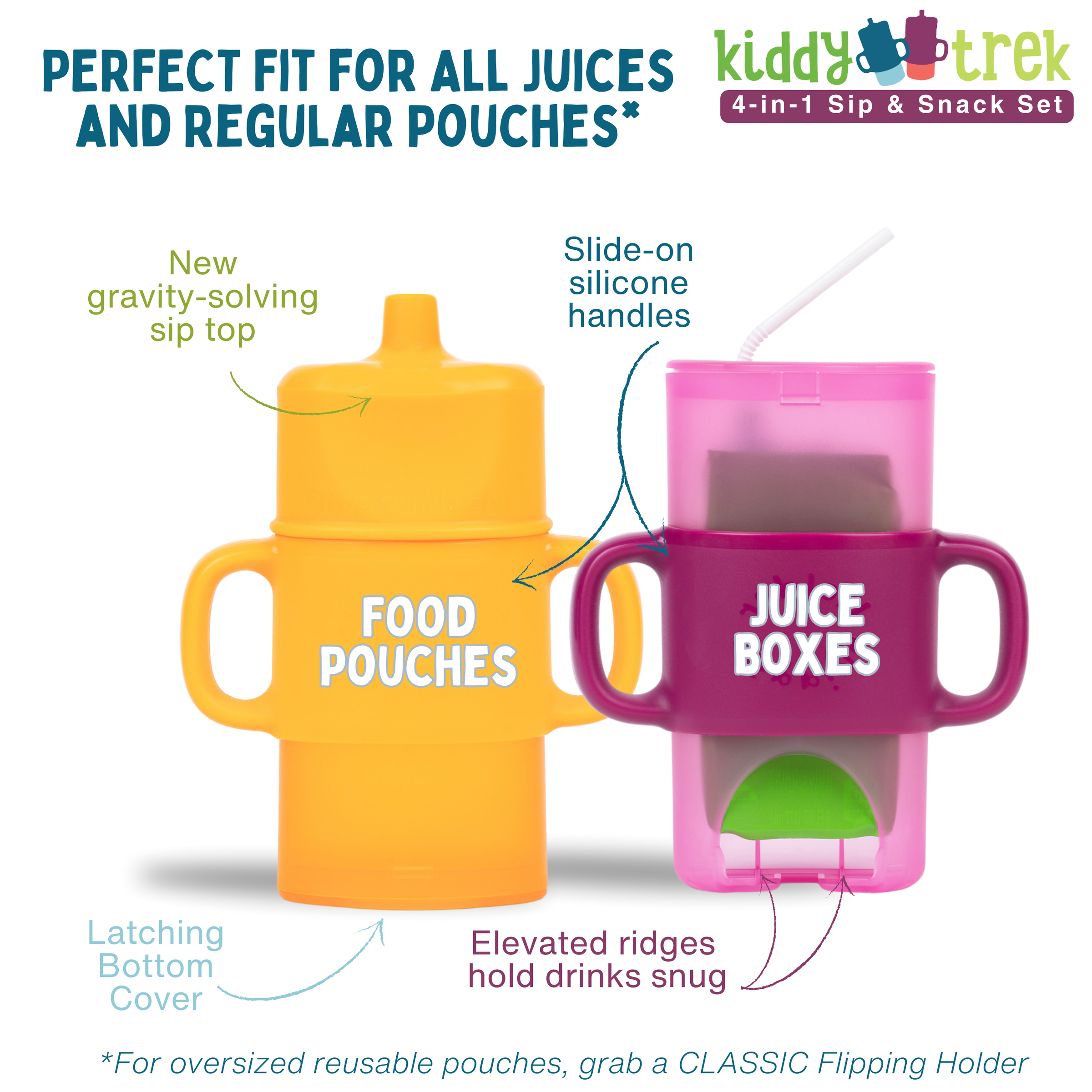KiddyTrek 4-in-1 Sip & Snack Set - Food Pouch & Juice Box Holder, Snack Cup, Sip Cup ALL IN ONE