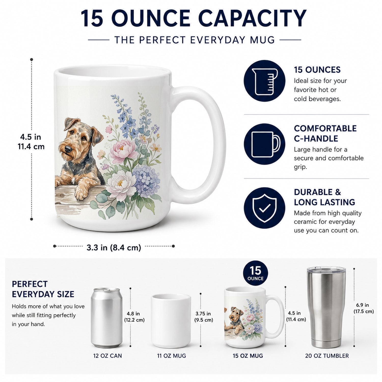 Airedale Terrier Ceramic Coffee Mug 15 oz Decorative Large C Handle Mug Cup for Tea, Cocoa Hot Chocolate