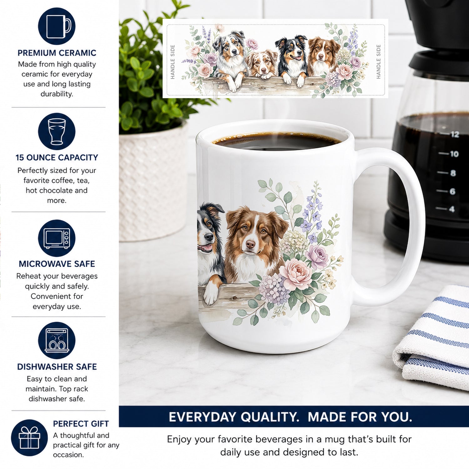 Australian Shepherd Ceramic Coffee Mug 15 oz Decorative Large C Handle Mug Cup for Tea, Cocoa Hot Chocolate