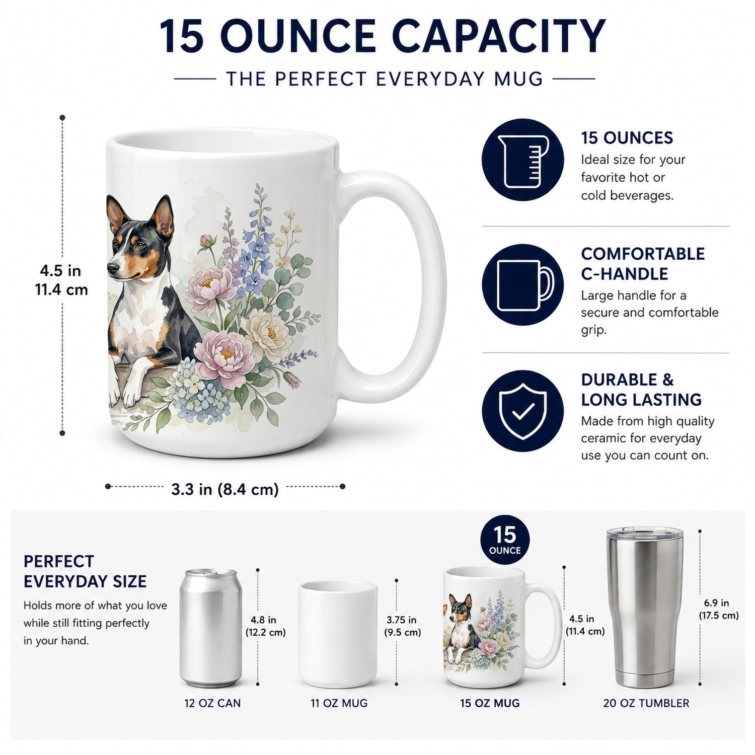 Basenji Ceramic Coffee Mug 15 oz Decorative Large C Handle Mug Cup for Tea, Cocoa Hot Chocolate