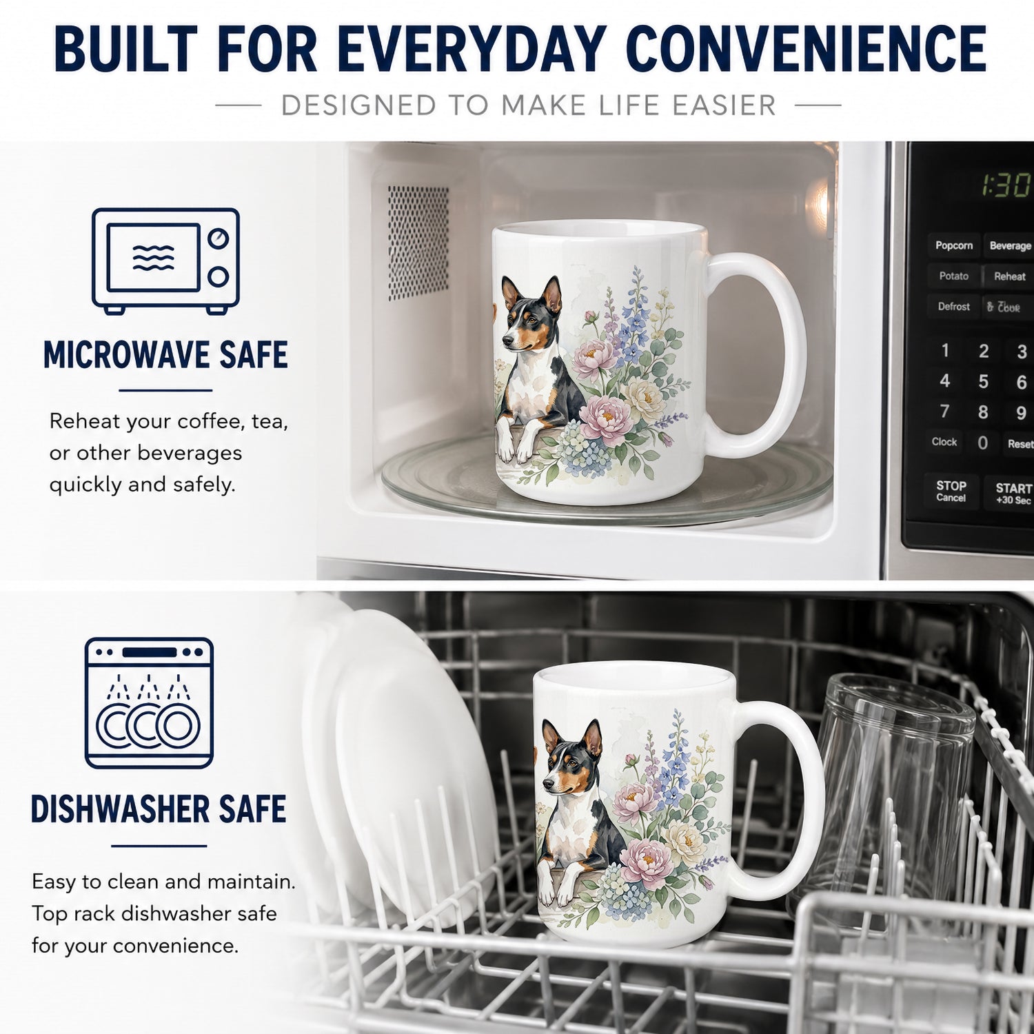 Basenji Ceramic Coffee Mug 15 oz Decorative Large C Handle Mug Cup for Tea, Cocoa Hot Chocolate