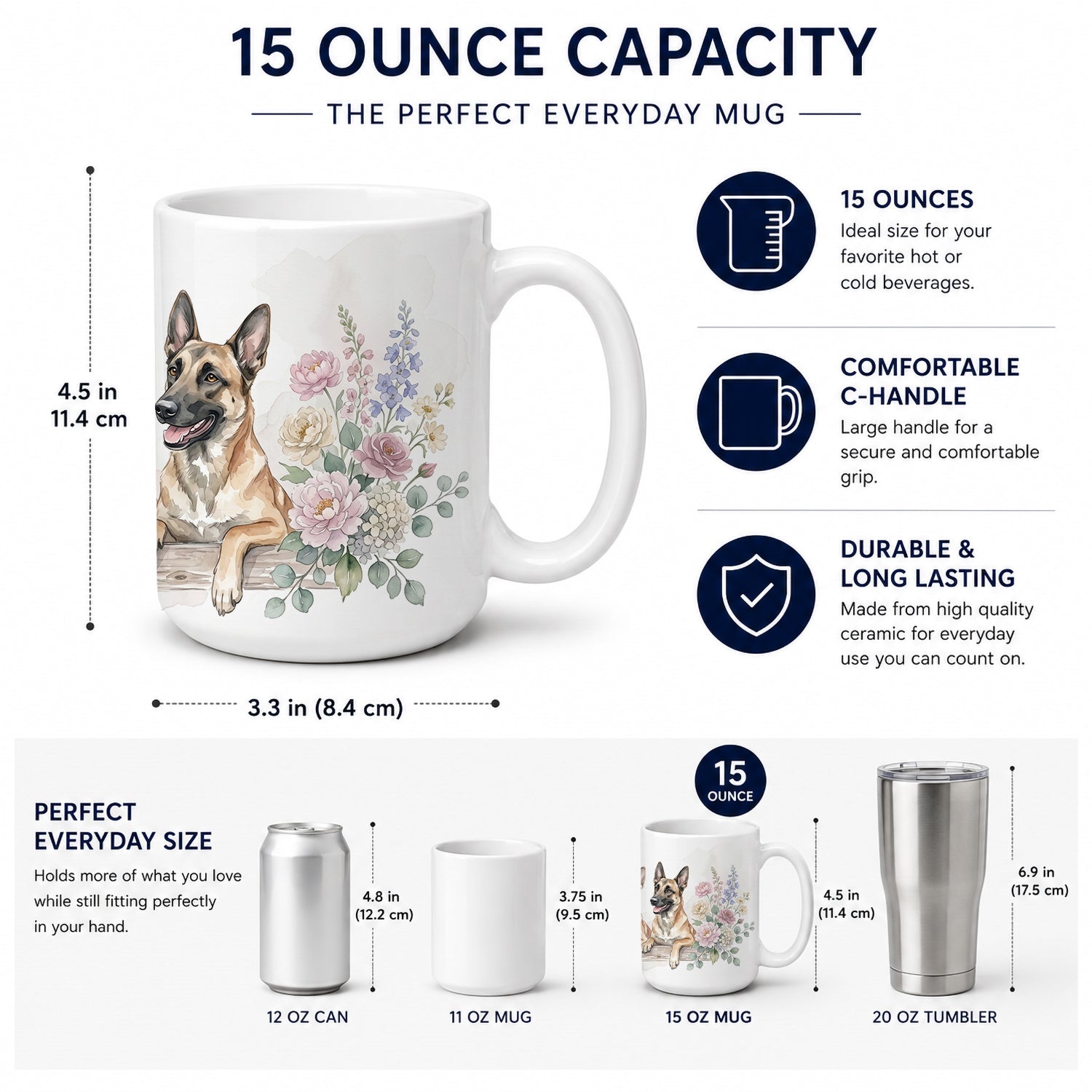 Belgian Malinois Ceramic Coffee Mug 15 oz Decorative Large C Handle Mug Cup for Tea, Cocoa Hot Chocolate