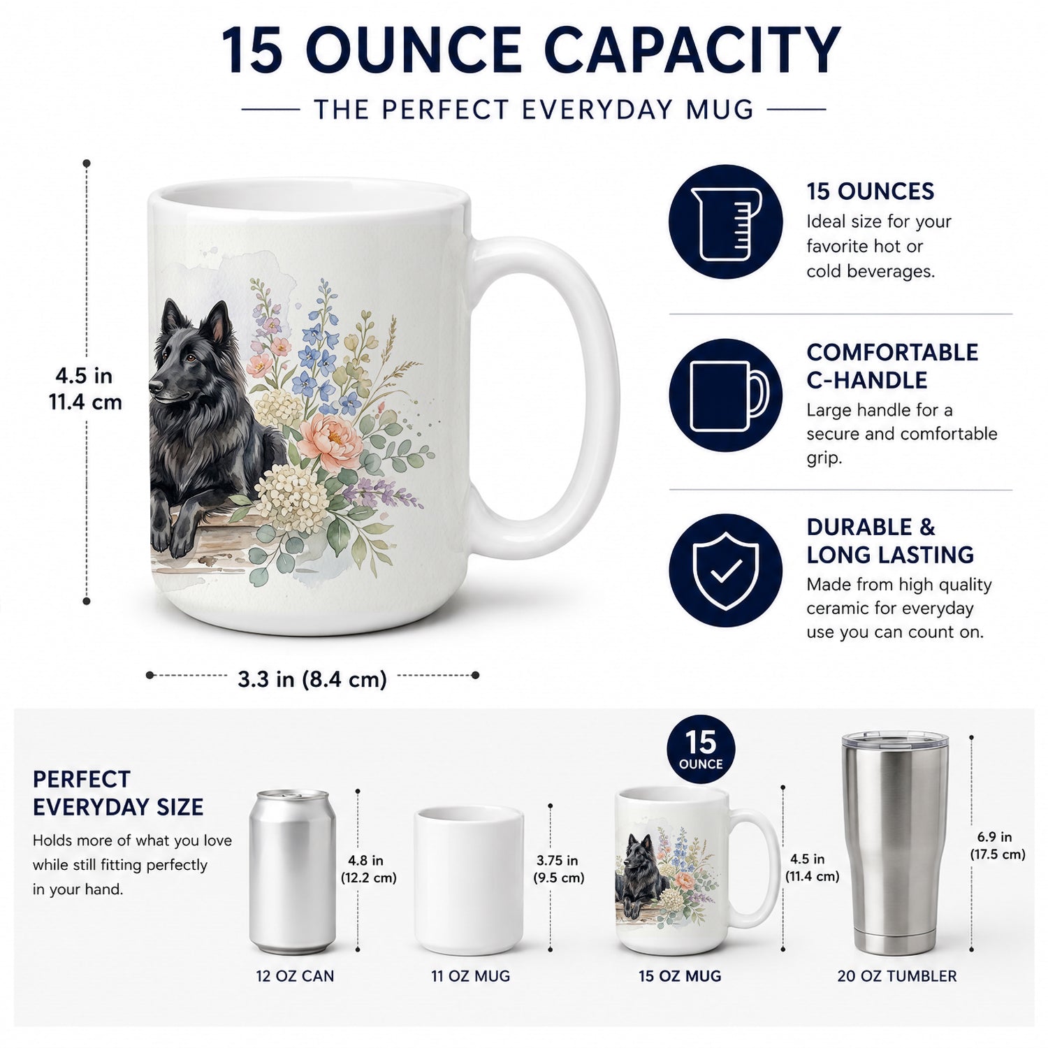 Belgian Sheepdog Ceramic Coffee Mug 15 oz Decorative Large C Handle Mug Cup for Tea, Cocoa Hot Chocolate