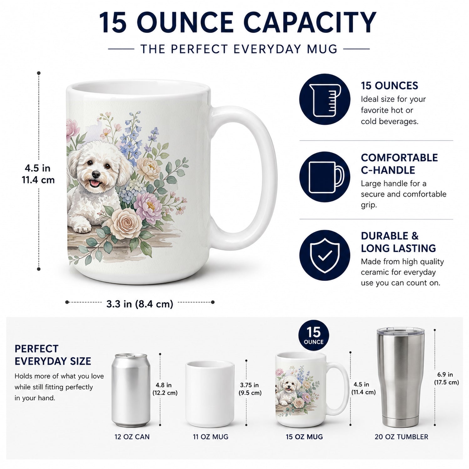 Bichon Frise Ceramic Coffee Mug 15 oz Decorative Large C Handle Mug Cup for Tea, Cocoa Hot Chocolate