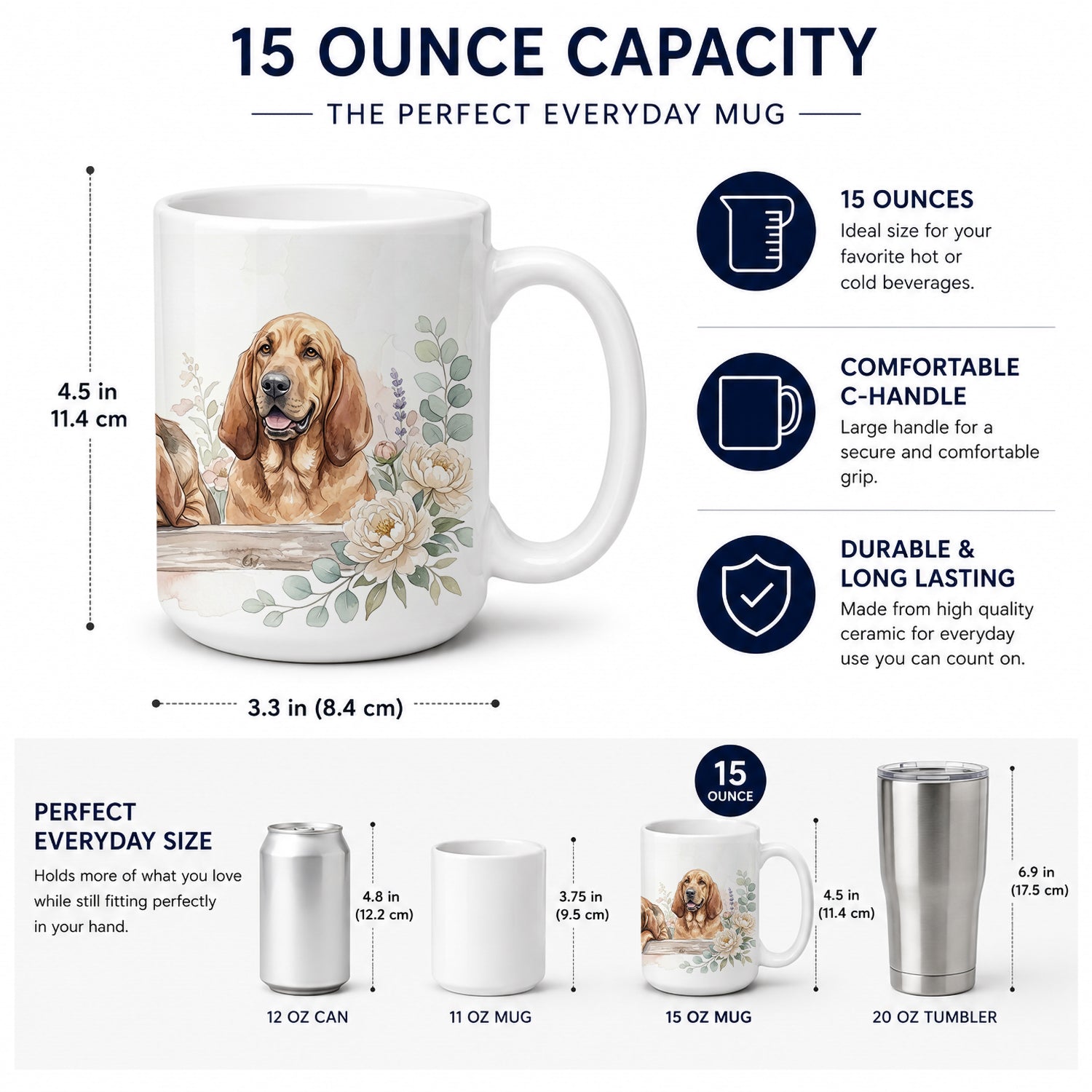 Bloodhound Ceramic Coffee Mug 15 oz Decorative Large C Handle Mug Cup for Tea, Cocoa Hot Chocolate