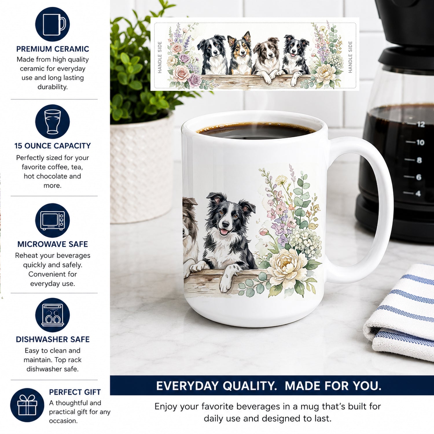 Border Collie Ceramic Coffee Mug 15 oz Decorative Large C Handle Mug Cup for Tea, Cocoa Hot Chocolate