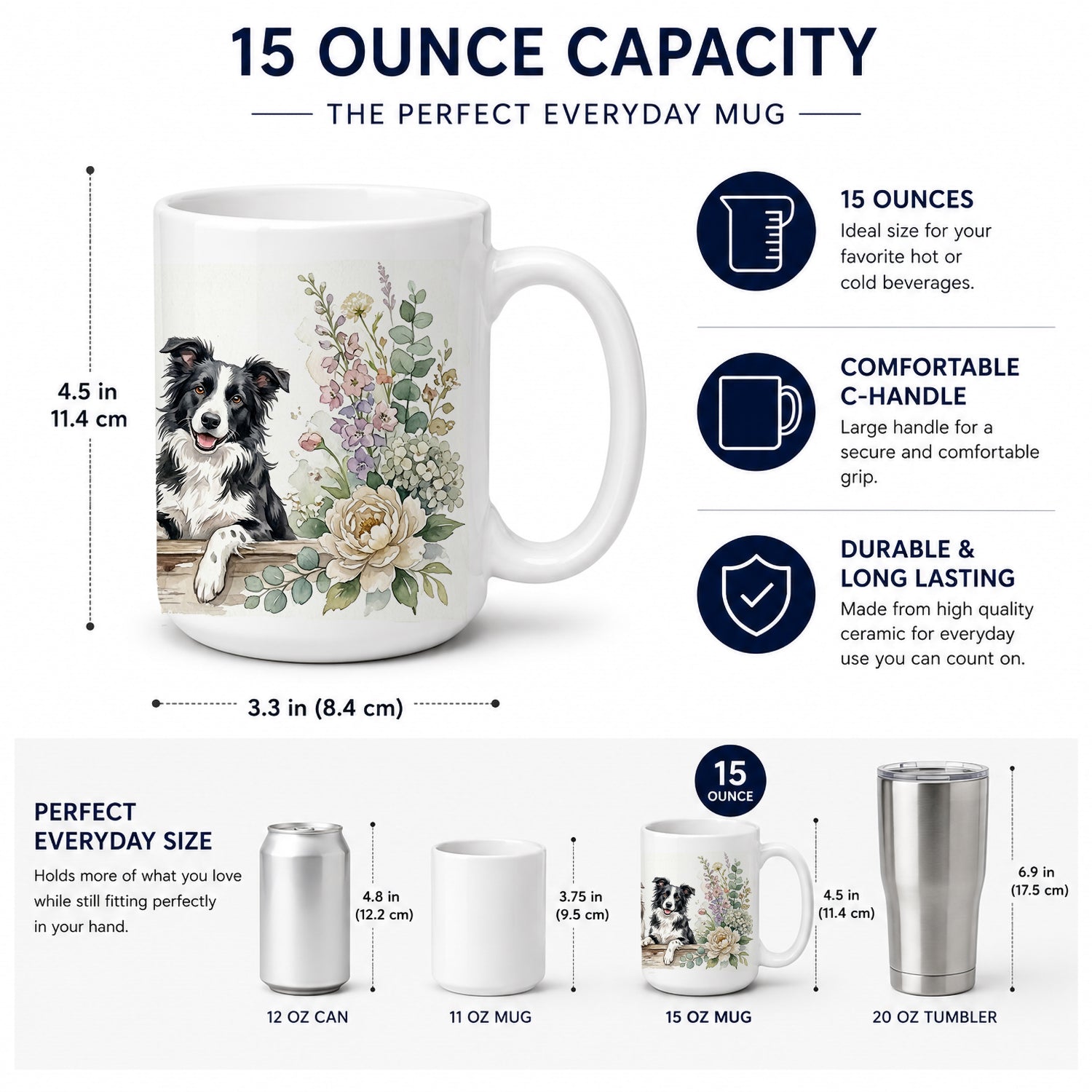Border Collie Ceramic Coffee Mug 15 oz Decorative Large C Handle Mug Cup for Tea, Cocoa Hot Chocolate