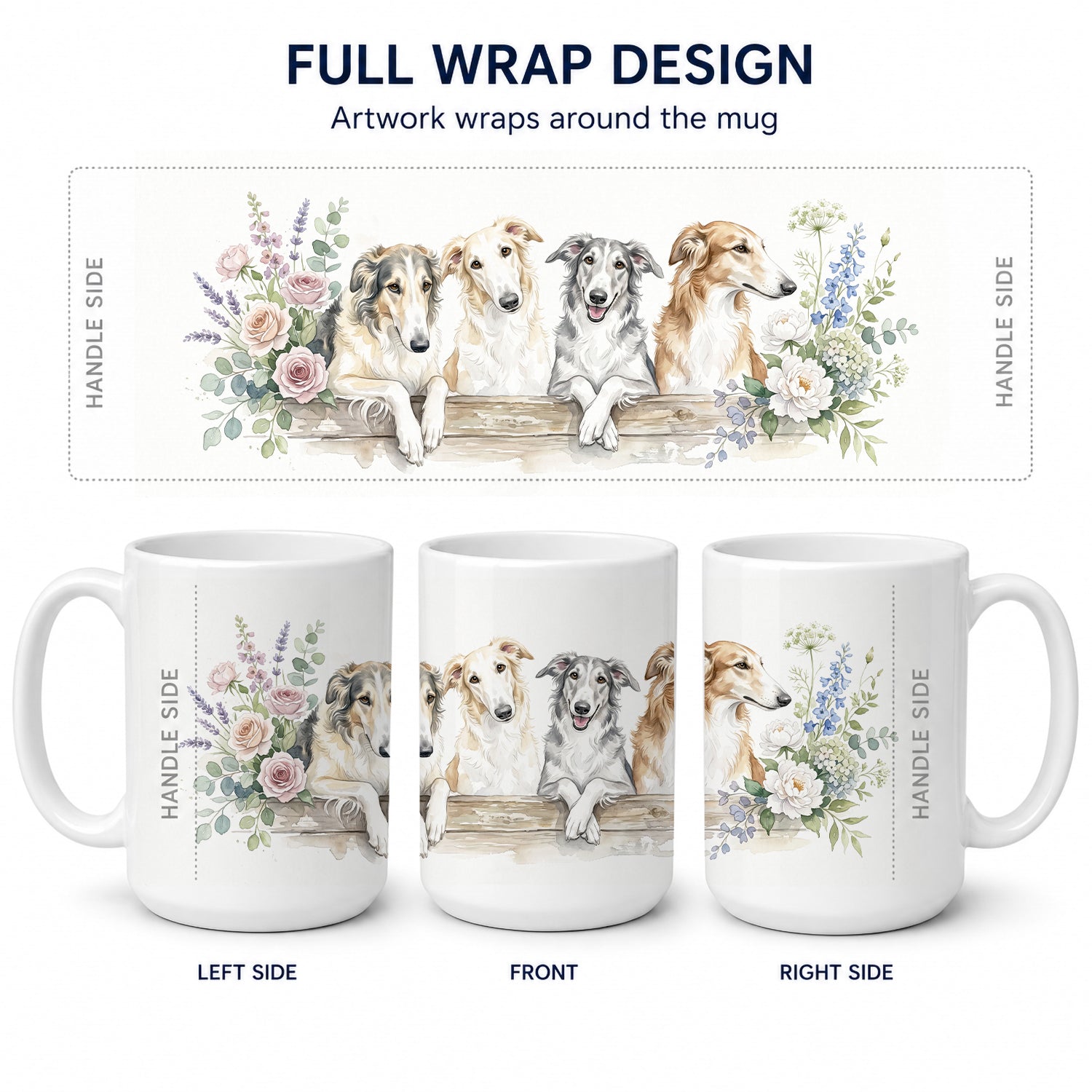 Borzoi Ceramic Coffee Mug 15 oz Decorative Large C Handle Mug Cup for Tea, Cocoa Hot Chocolate