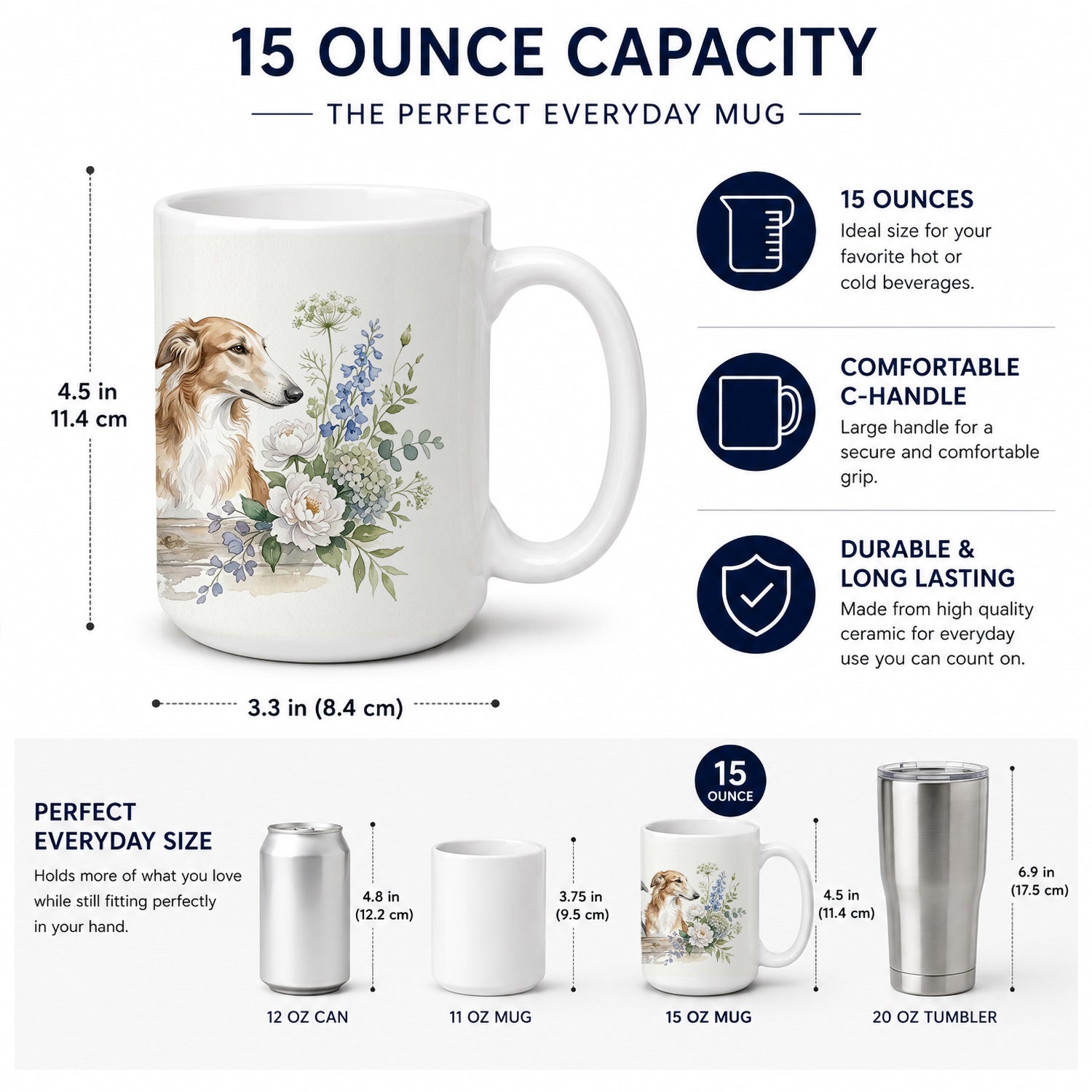 Borzoi Ceramic Coffee Mug 15 oz Decorative Large C Handle Mug Cup for Tea, Cocoa Hot Chocolate