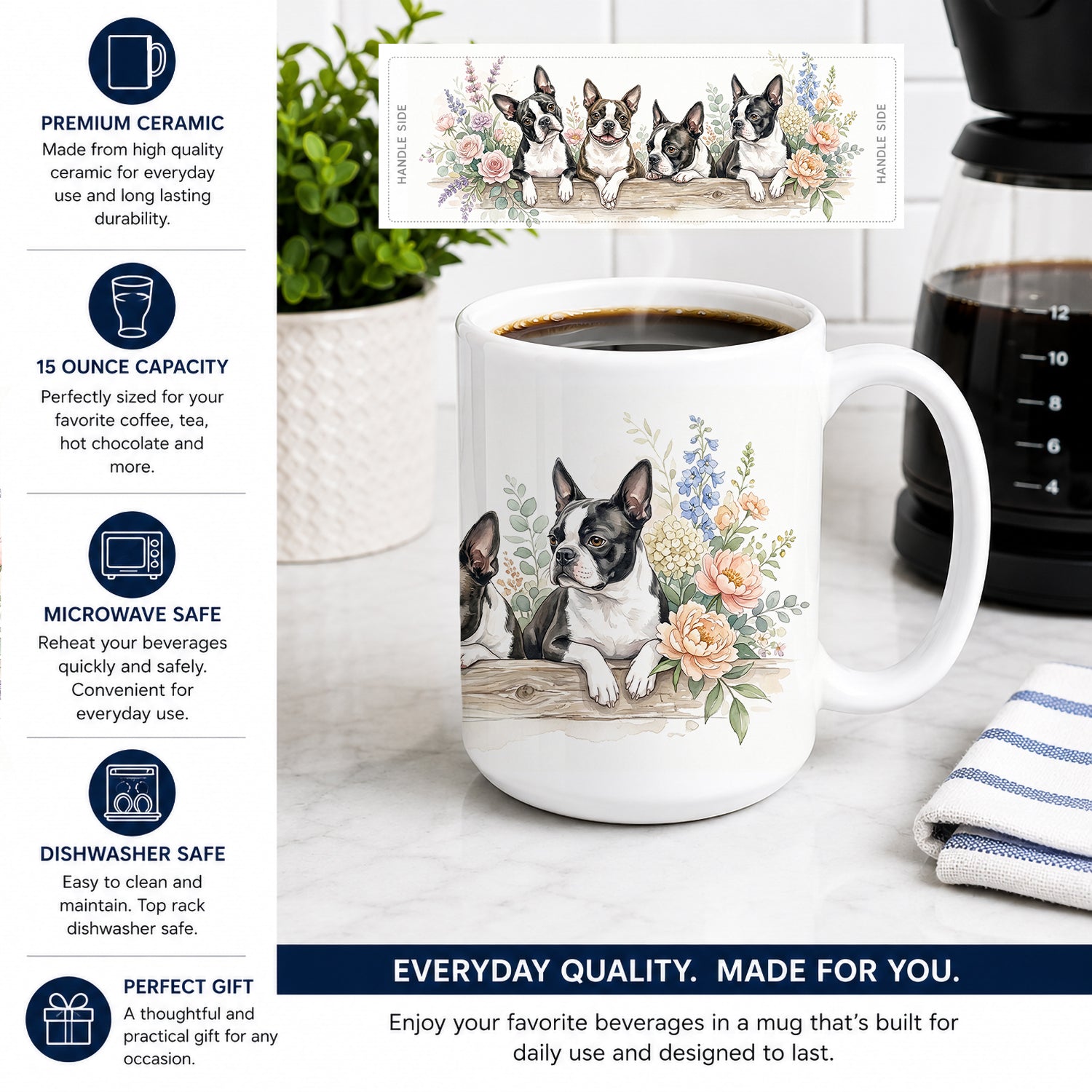 Boston Terrier Ceramic Coffee Mug 15 oz Decorative Large C Handle Mug Cup for Tea, Cocoa Hot Chocolate