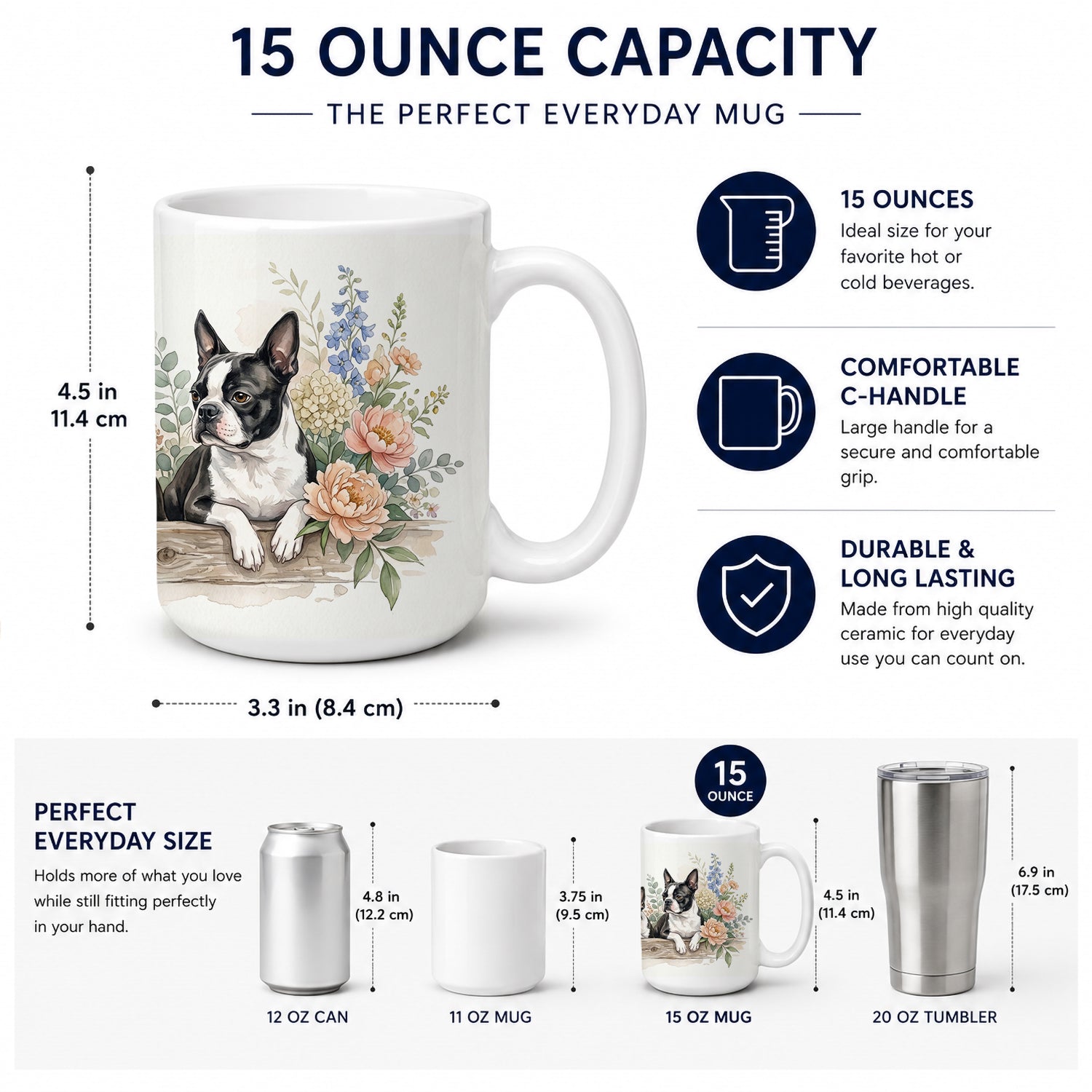 Boston Terrier Ceramic Coffee Mug 15 oz Decorative Large C Handle Mug Cup for Tea, Cocoa Hot Chocolate