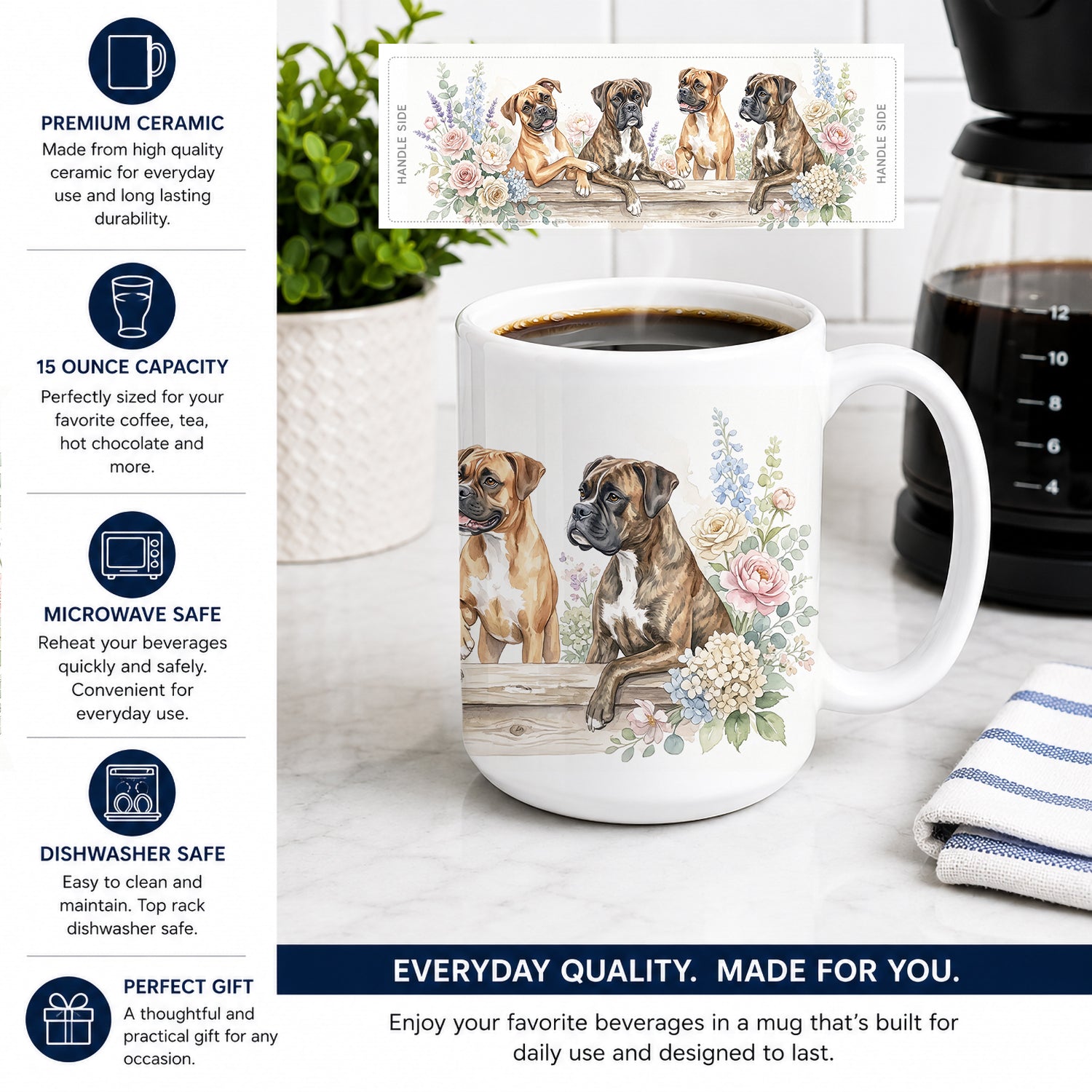Boxer Ceramic Coffee Mug 15 oz Decorative Large C Handle Mug Cup for Tea, Cocoa Hot Chocolate
