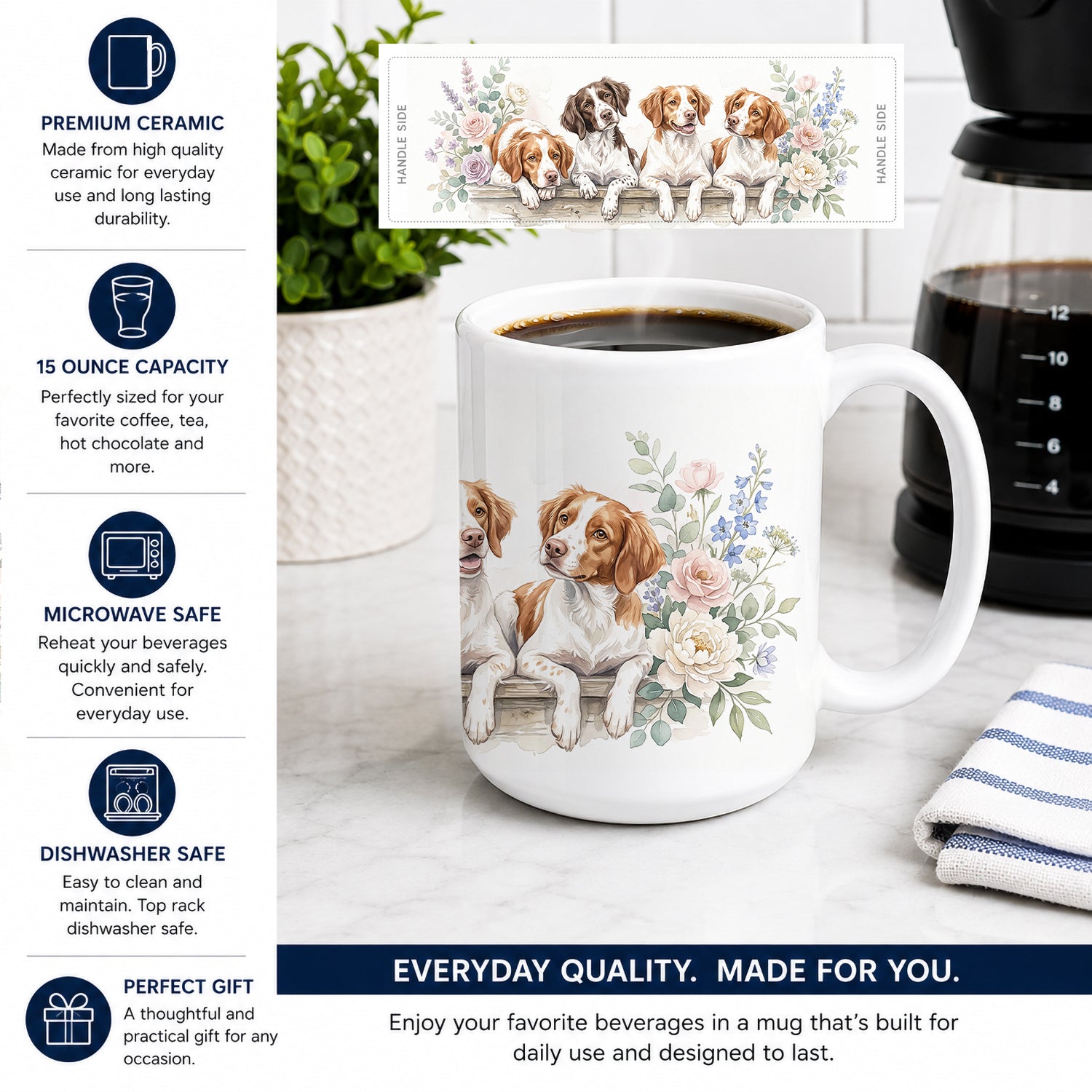 Brittany Spaniel Ceramic Coffee Mug 15 oz Decorative Large C Handle Mug Cup for Tea, Cocoa Hot Chocolate