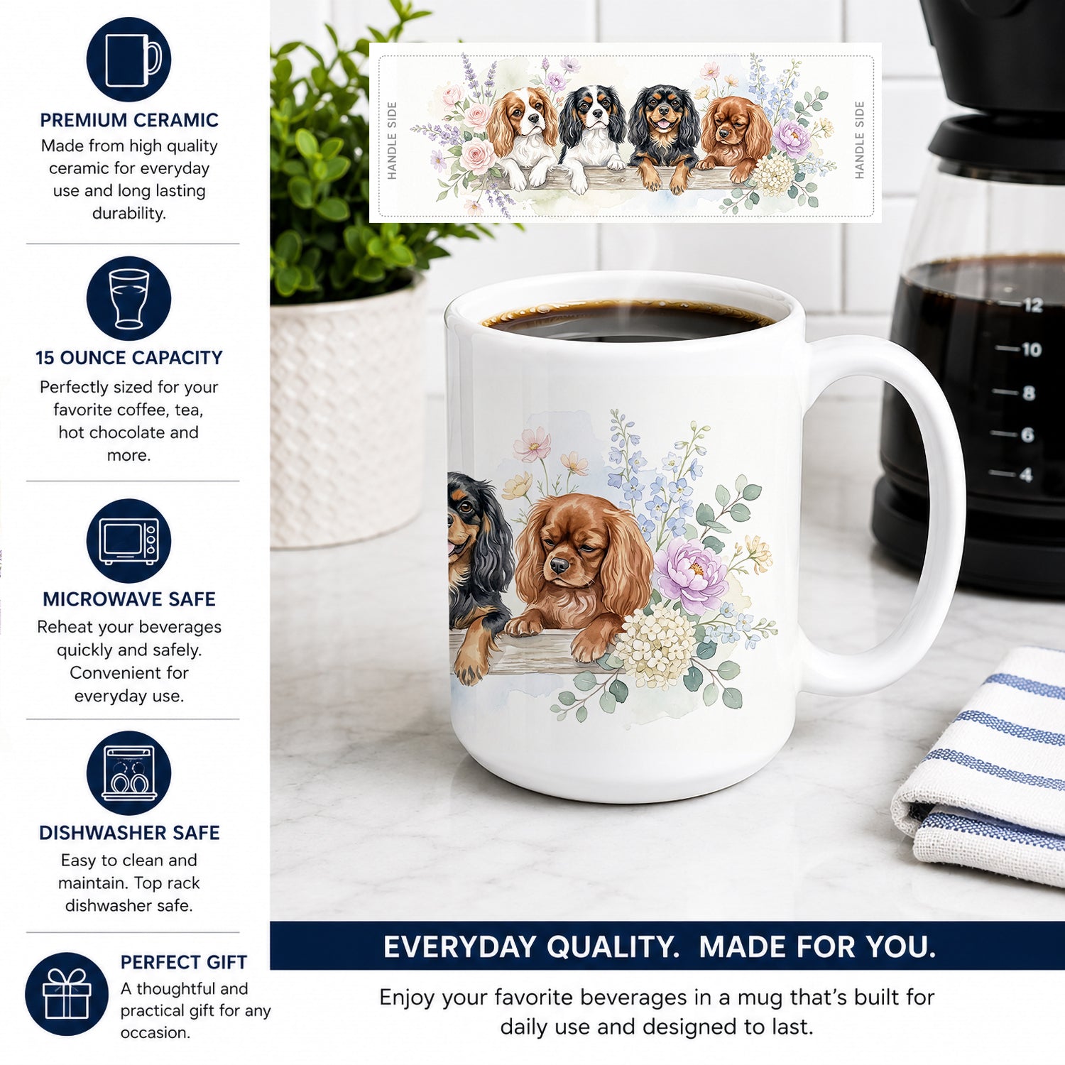 Cavalier Spaniel Ceramic Coffee Mug 15 oz Decorative Large C Handle Mug Cup for Tea, Cocoa Hot Chocolate