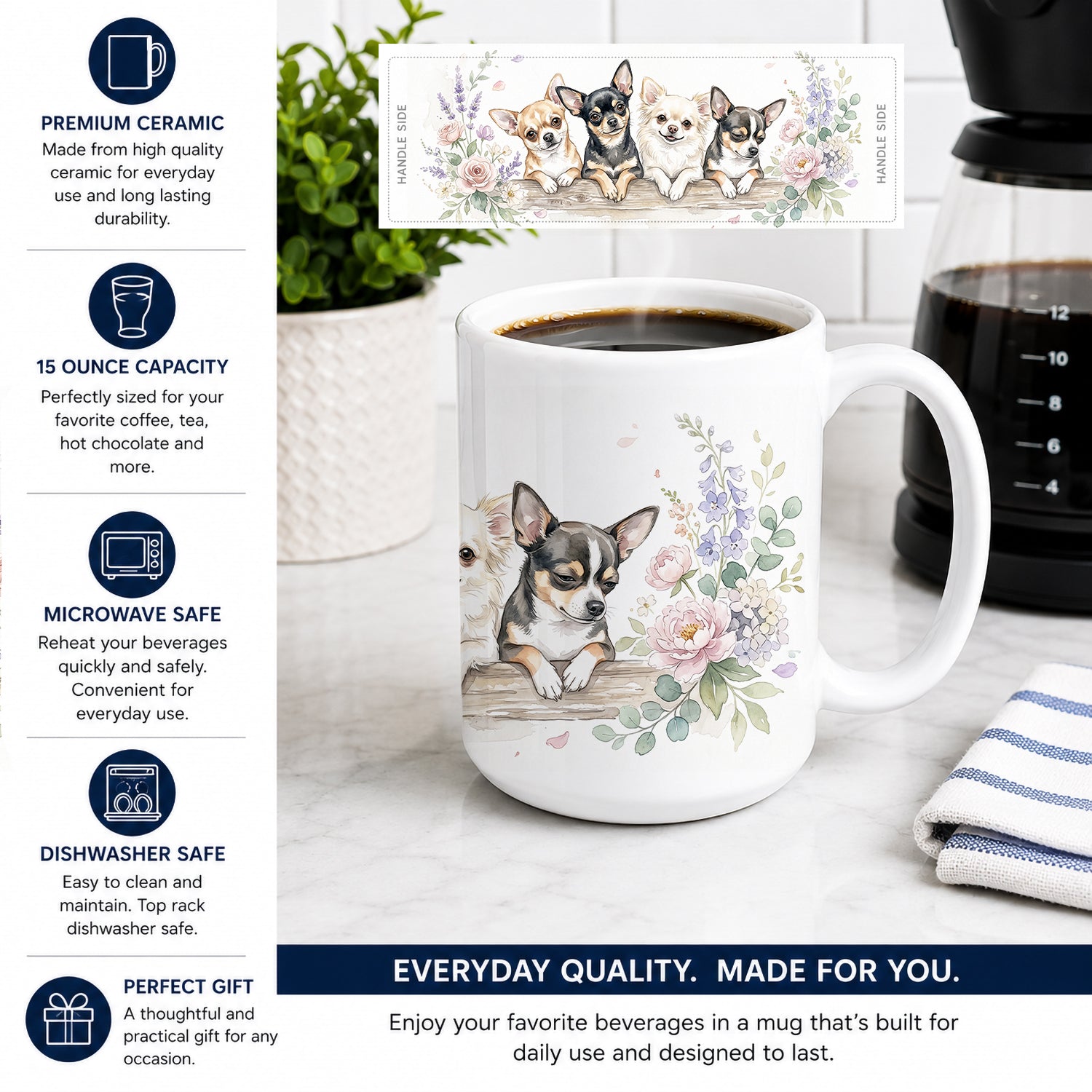 Chihuahua Ceramic Coffee Mug 15 oz Decorative Large C Handle Mug Cup for Tea, Cocoa Hot Chocolate
