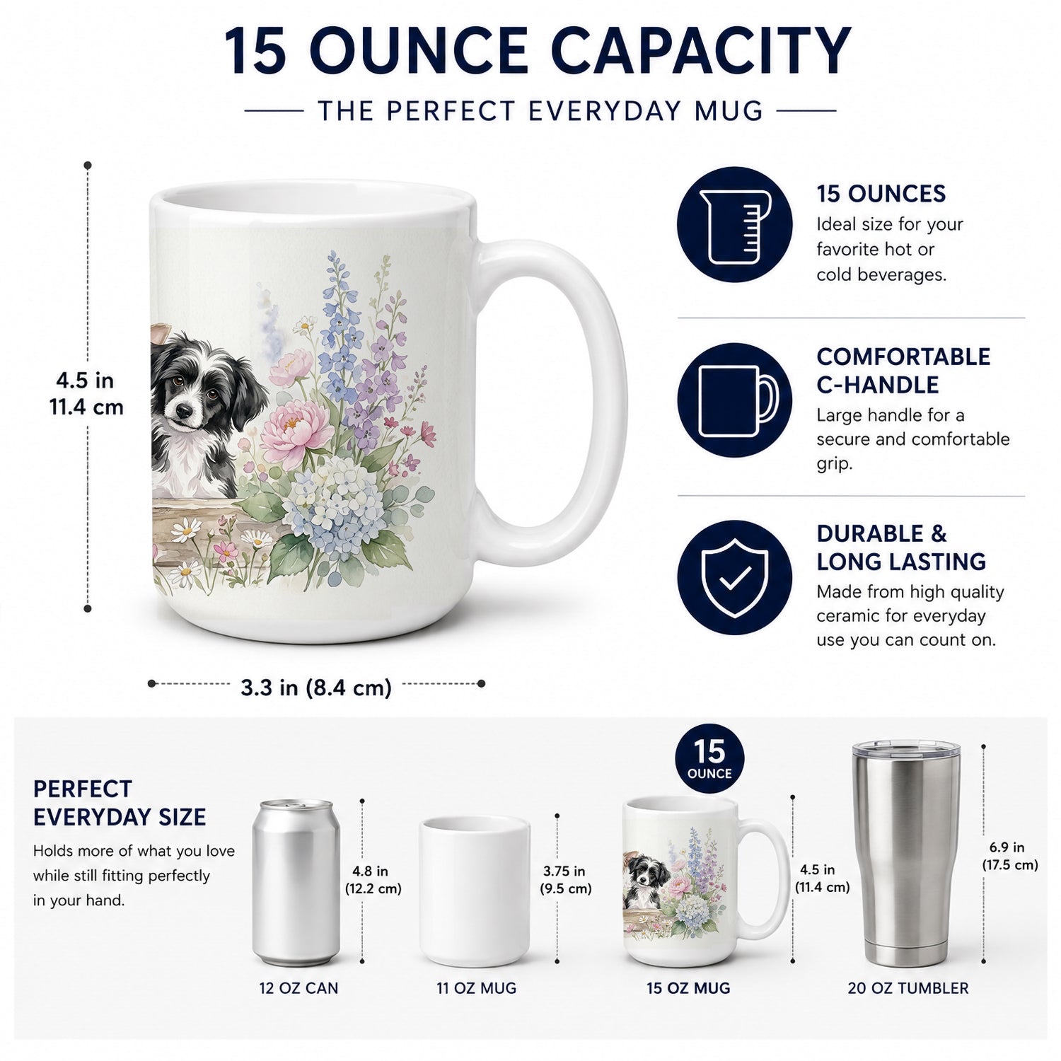 Chinese Crested Ceramic Coffee Mug 15 oz Decorative Large C Handle Mug Cup for Tea, Cocoa Hot Chocolate