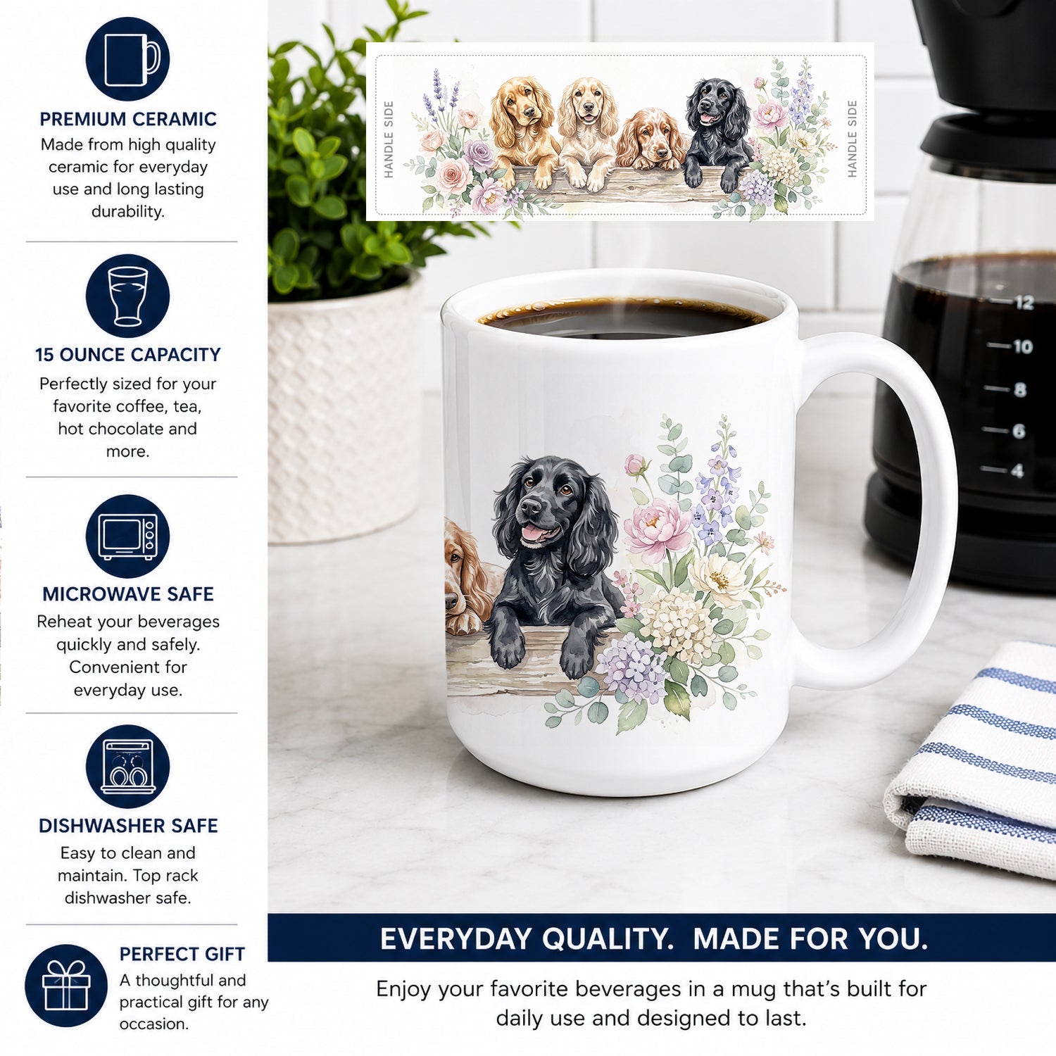 Cocker Spaniel Ceramic Coffee Mug 15 oz Decorative Large C Handle Mug Cup for Tea, Cocoa Hot Chocolate