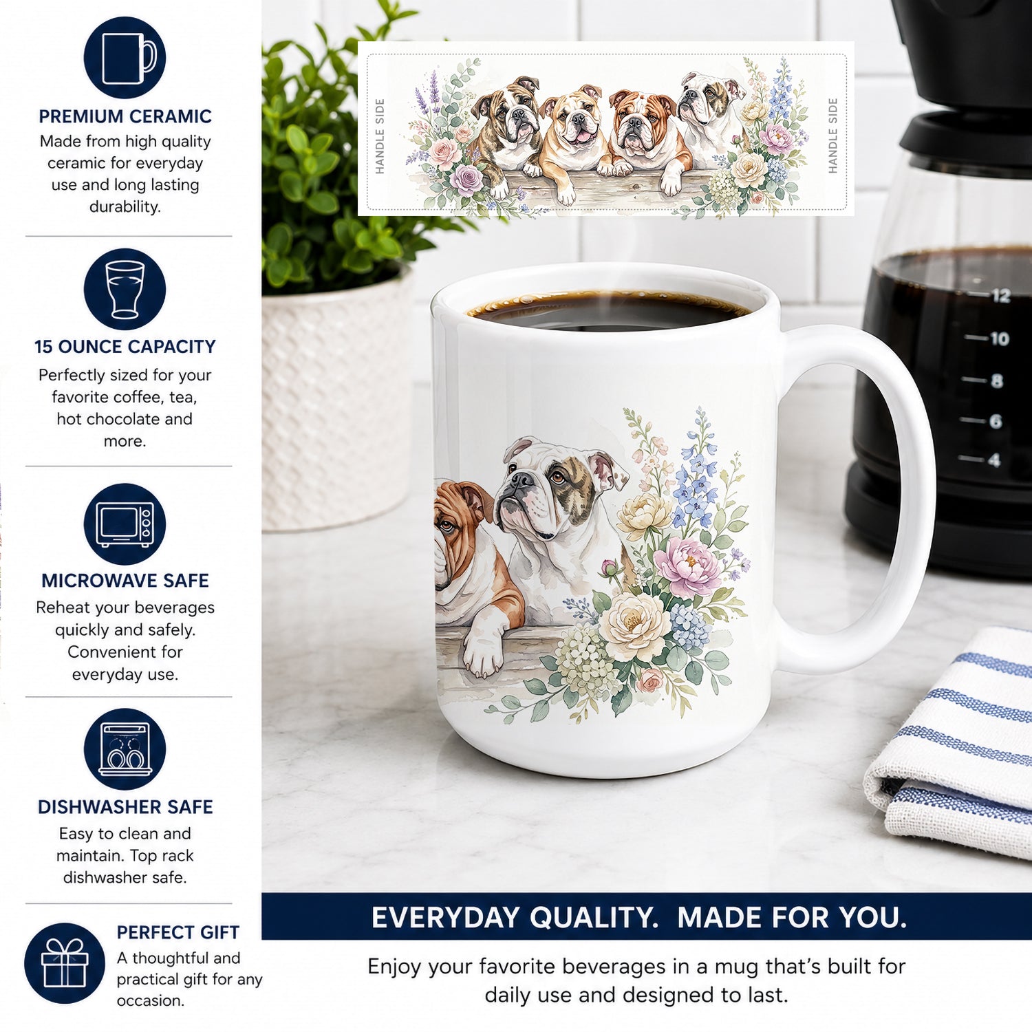 English Bulldog Ceramic Coffee Mug 15 oz Decorative Large C Handle Mug Cup for Tea, Cocoa Hot Chocolate