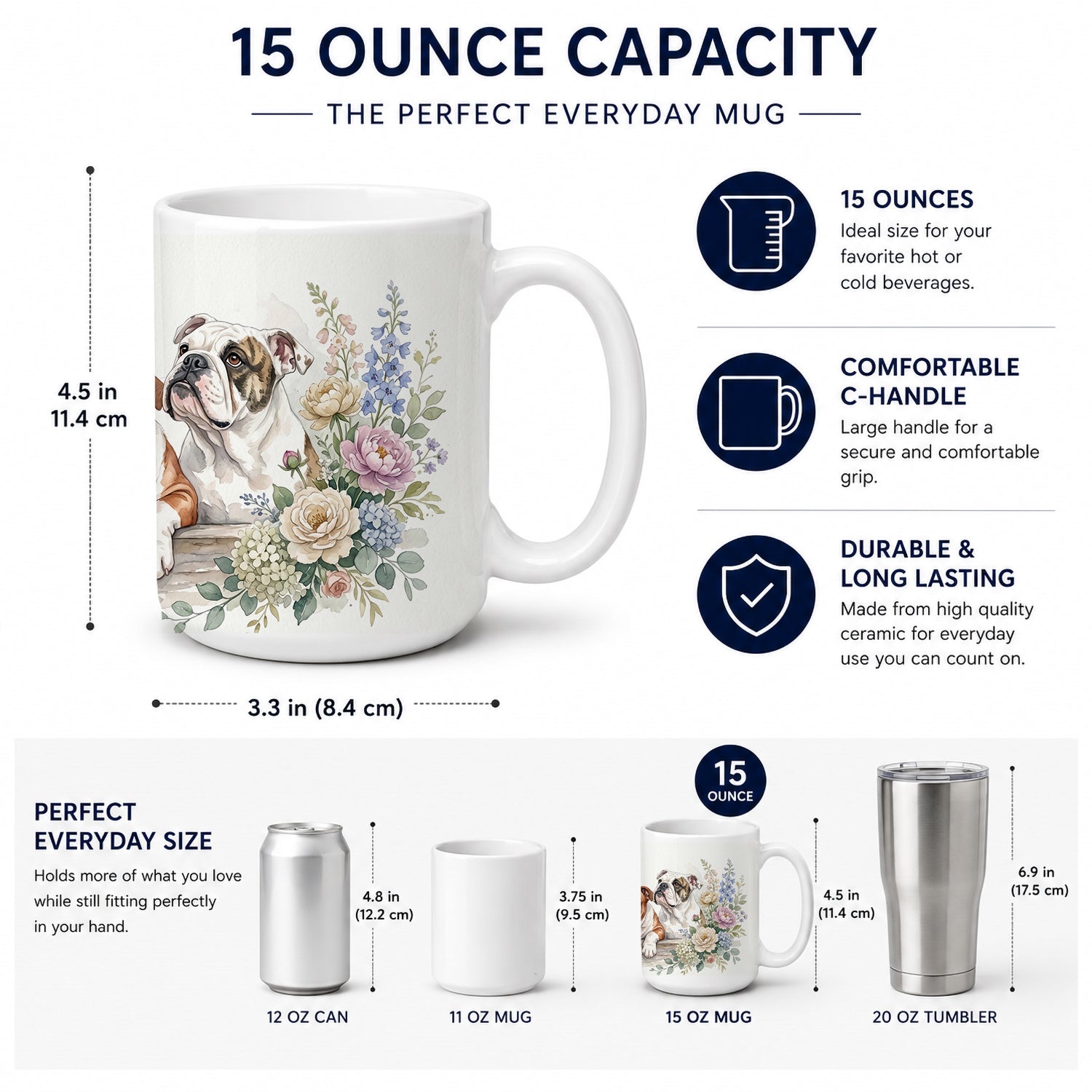 English Bulldog Ceramic Coffee Mug 15 oz Decorative Large C Handle Mug Cup for Tea, Cocoa Hot Chocolate