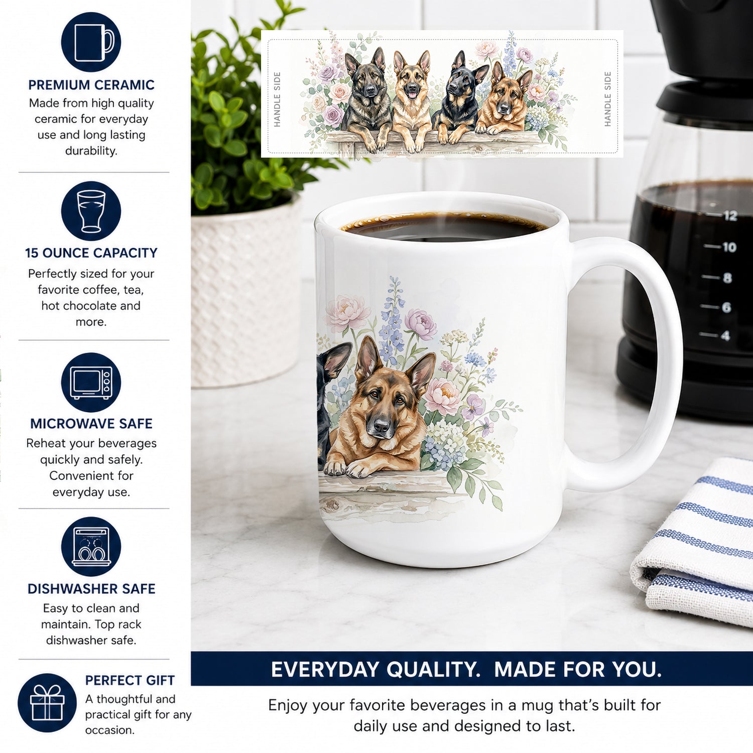 German Shepherd Ceramic Coffee Mug 15 oz Decorative Large C Handle Mug Cup for Tea, Cocoa Hot Chocolate