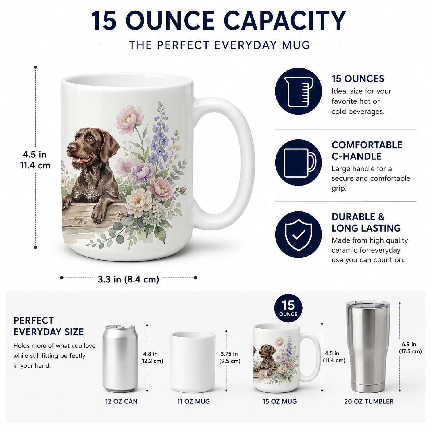 German Wirehaired Pointer Ceramic Coffee Mug 15 oz Decorative Large C Handle Mug Cup for Tea, Cocoa Hot Chocolate