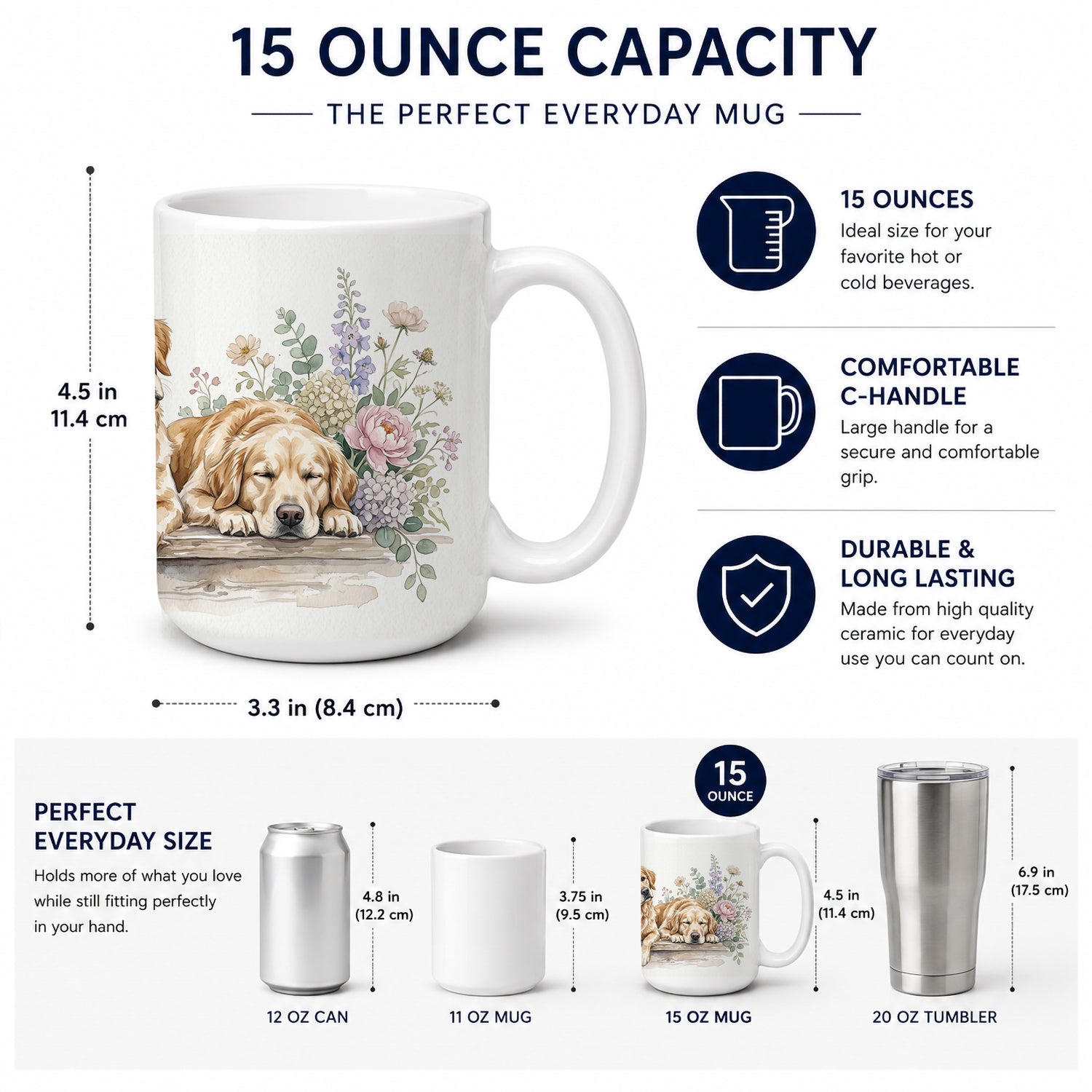 Golden Retriever Ceramic Coffee Mug 15 oz Decorative Large C Handle Mug Cup for Tea, Cocoa Hot Chocolate