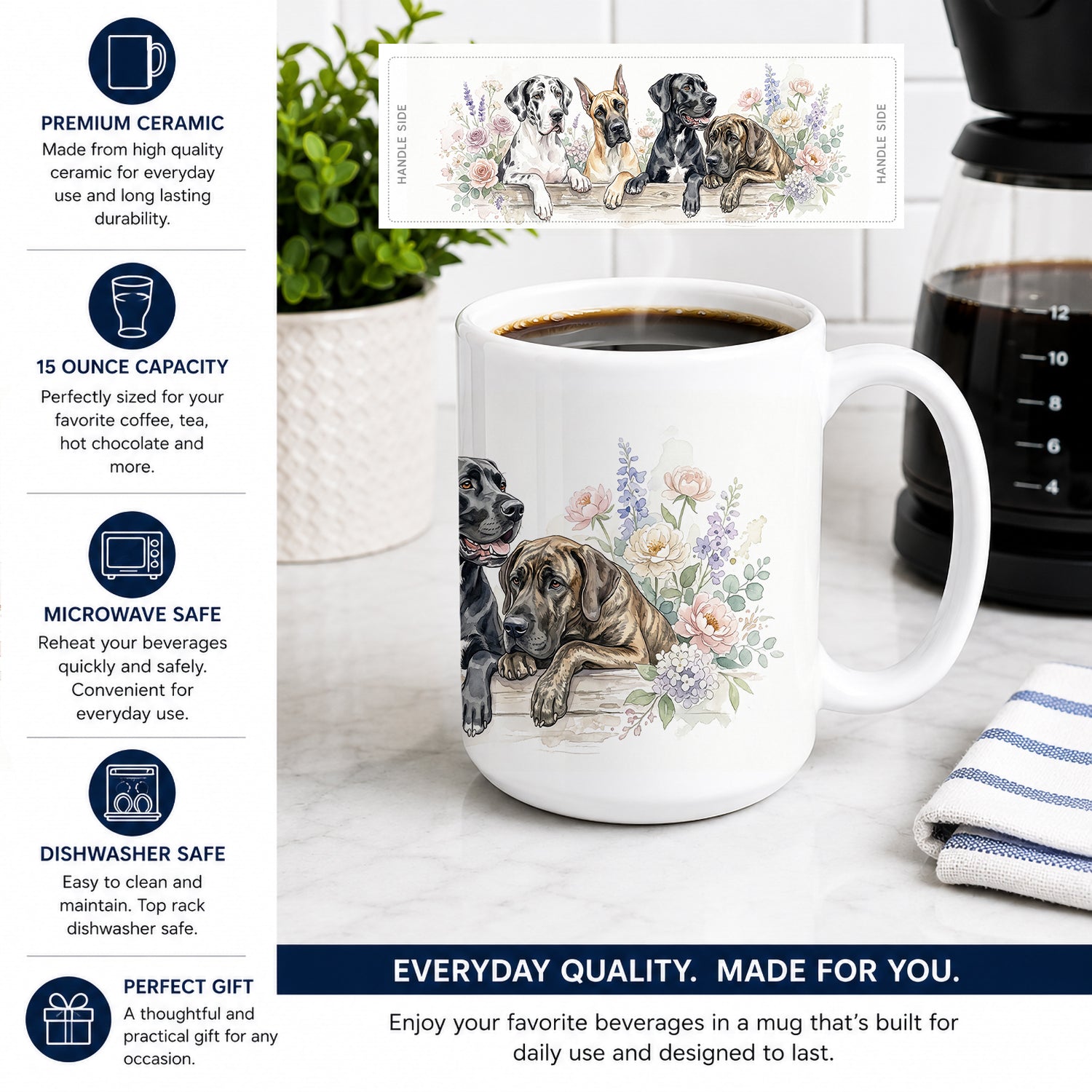 Great Dane Ceramic Coffee Mug 15 oz Decorative Large C Handle Mug Cup for Tea, Cocoa Hot Chocolate