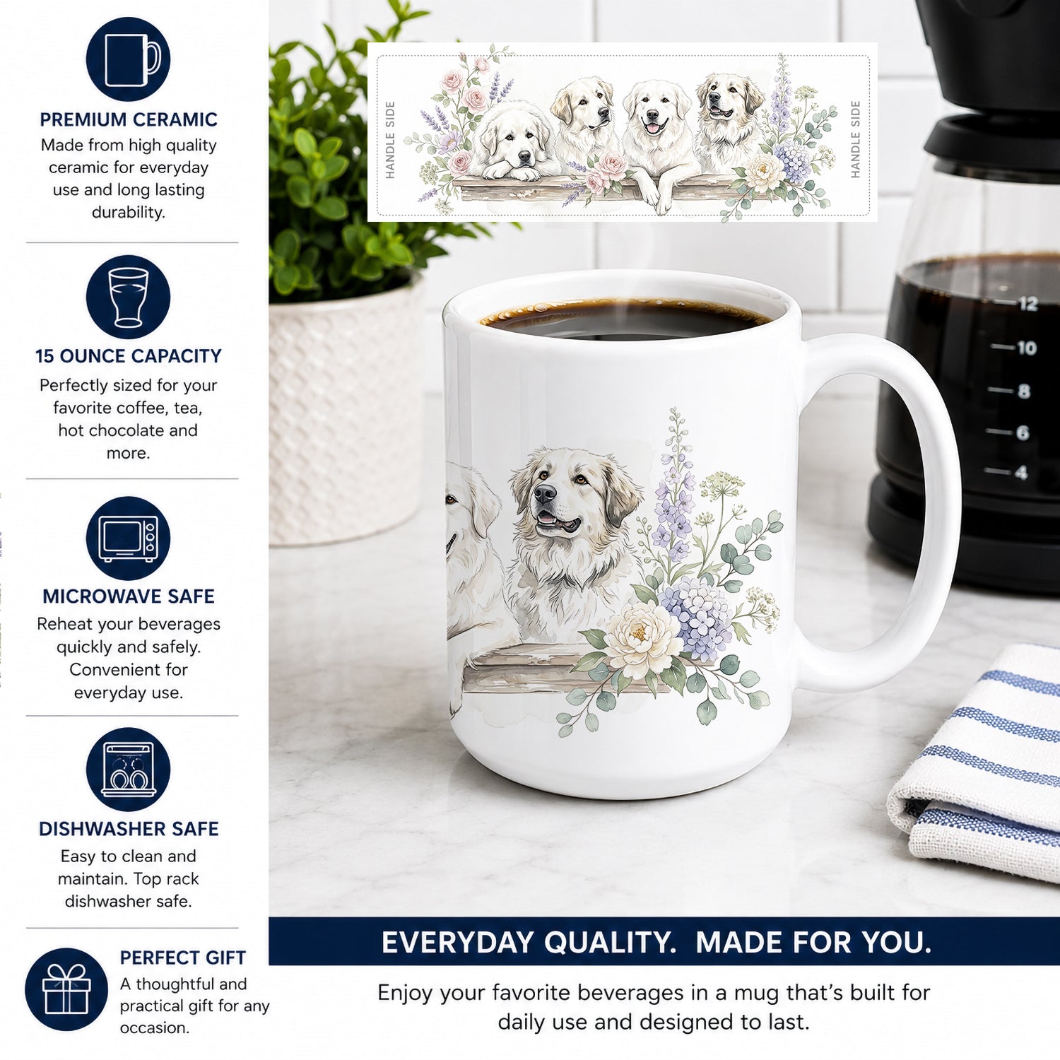 Great Pyrenees Ceramic Coffee Mug 15 oz Decorative Large C Handle Mug Cup for Tea, Cocoa Hot Chocolate