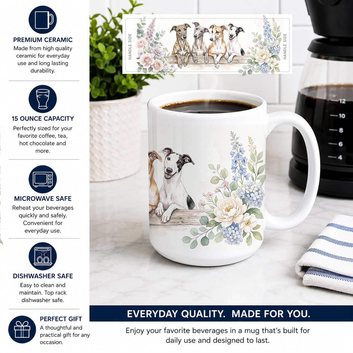 Greyhound Ceramic Coffee Mug 15 oz Decorative Large C Handle Mug Cup for Tea, Cocoa Hot Chocolate