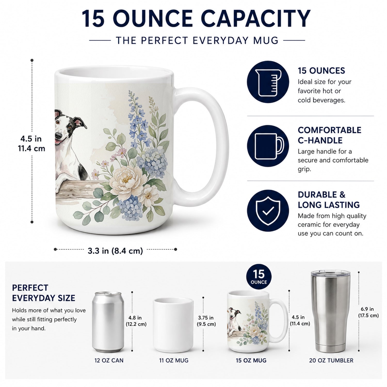 Greyhound Ceramic Coffee Mug 15 oz Decorative Large C Handle Mug Cup for Tea, Cocoa Hot Chocolate