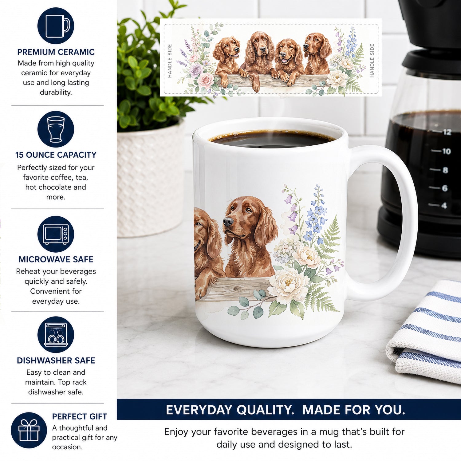 Irish Setter Ceramic Coffee Mug 15 oz Decorative Large C Handle Mug Cup for Tea, Cocoa Hot Chocolate
