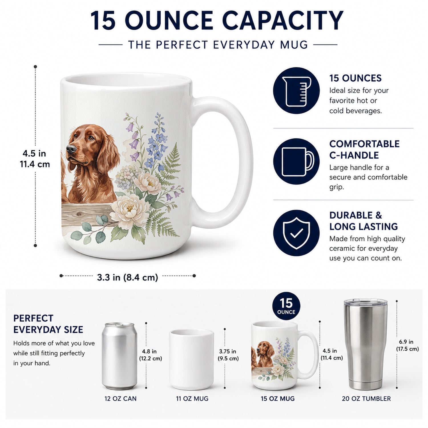 Irish Setter Ceramic Coffee Mug 15 oz Decorative Large C Handle Mug Cup for Tea, Cocoa Hot Chocolate