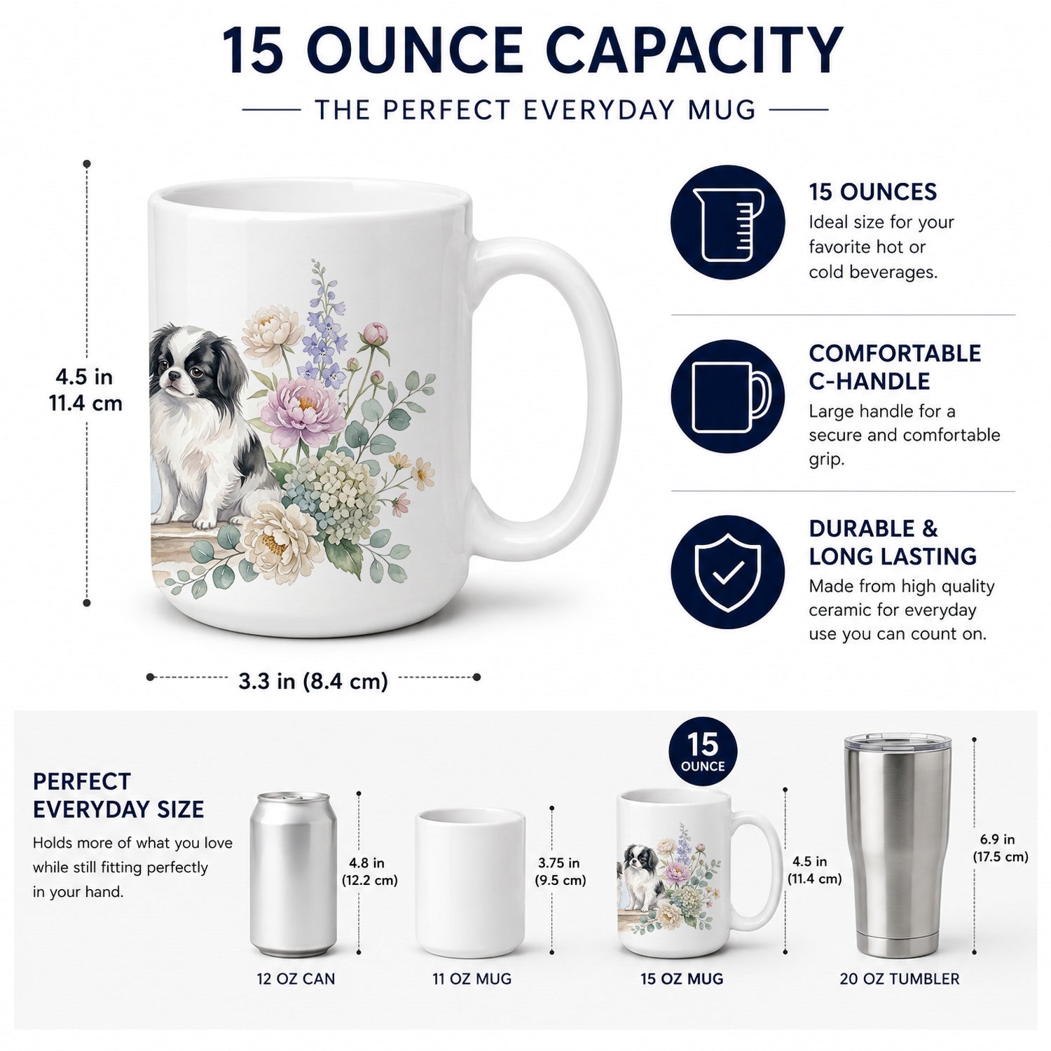 Japanese Chin Ceramic Coffee Mug 15 oz Decorative Large C Handle Mug Cup for Tea, Cocoa Hot Chocolate